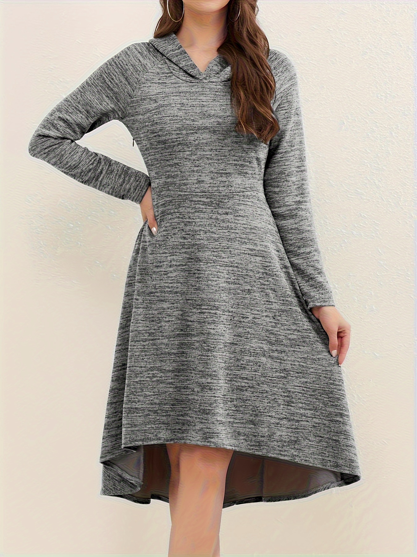 Dipped Hem Hooded Dress, Casual Long Sleeve Solid Dress, Women's Clothing