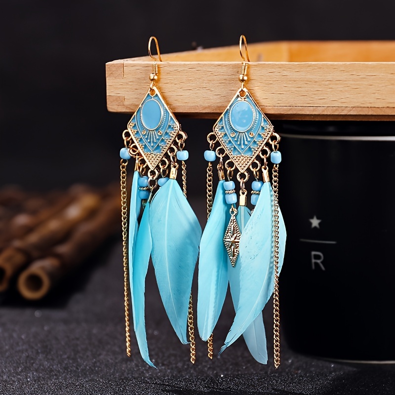 Long Bohemian Feather Earrings Vintage Jewelry, Jewels Creative Gifts for Women Girls 1Pair, Free Returns & Free Ship, 2.49, Light Color, Alloy