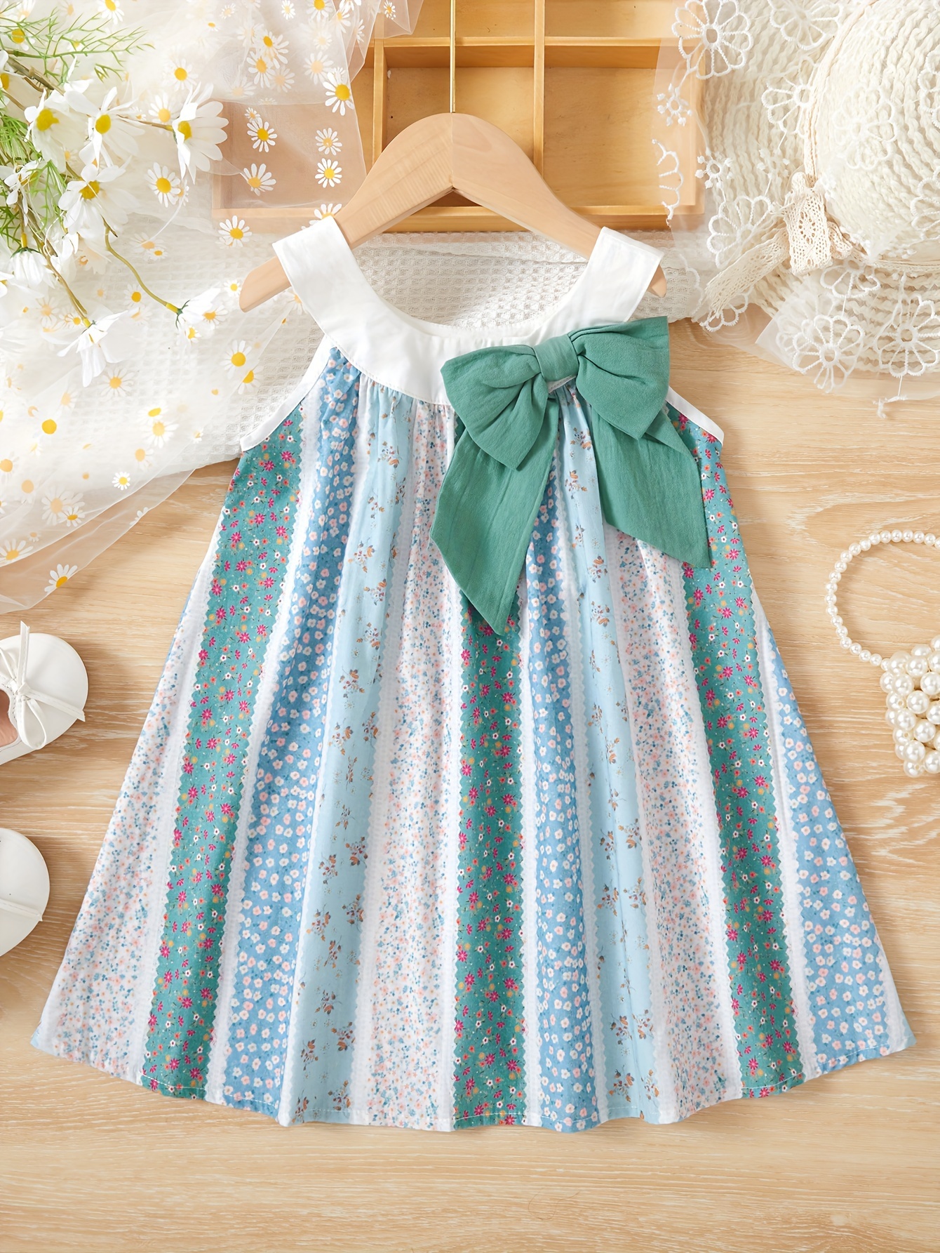 Baby Girl Floral Print Sleeveless Bowknot Ruffle Tank Dress
