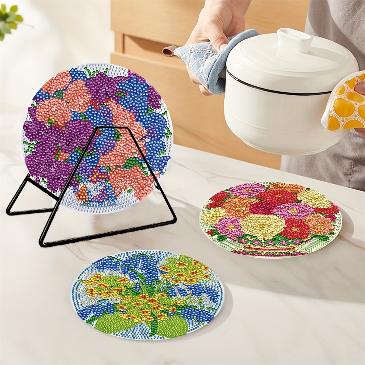 

4pcs Flower Diy Diamond Painting Placemat, Rhinestone Art Mosaic Drink Placemat, Non-slip Placemat, Art And Craft Kit, Handmade Gift