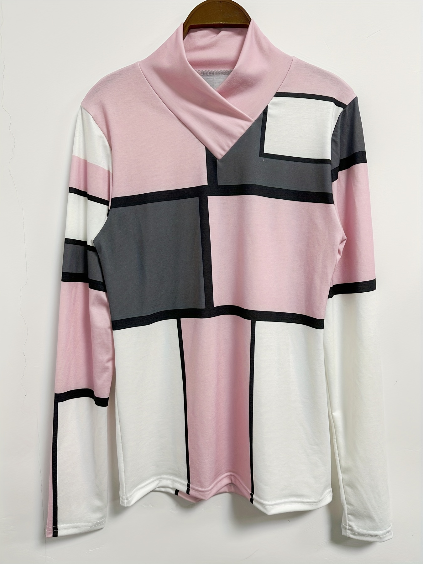 Women's Casual Geometric Print Contrast Plaid V-Neck Long Sleeve Top - Soft Stretchy Fabric, Machine Washable, Spring & Autumn Essential in Pink/White/Black/Grey, Transitional Season Clothing, Easycare Fabric