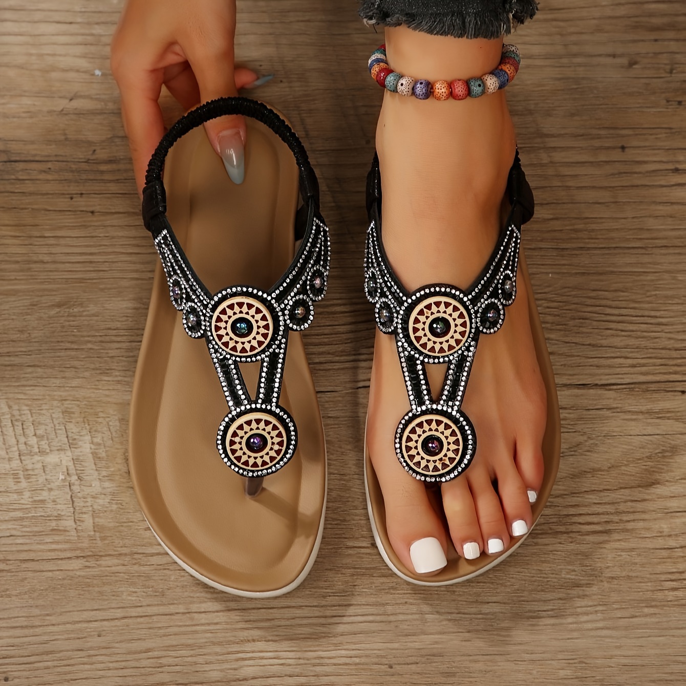 Women's Rhinestone Flat Sandals Boho Style Open Toe Elastic - Temu