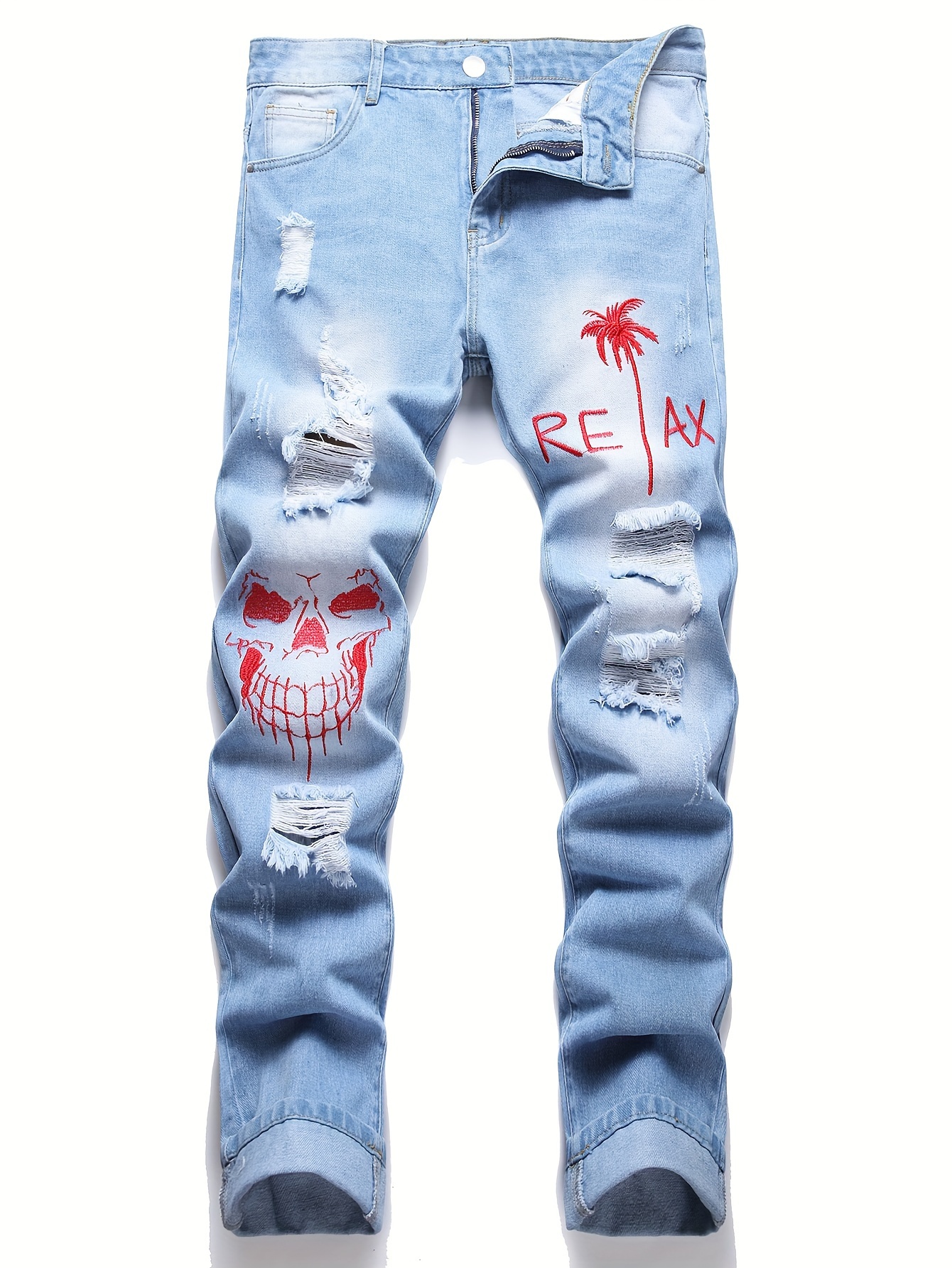 Letter Flag Pattern Men's Punk Style Washed Denim Pants - Temu