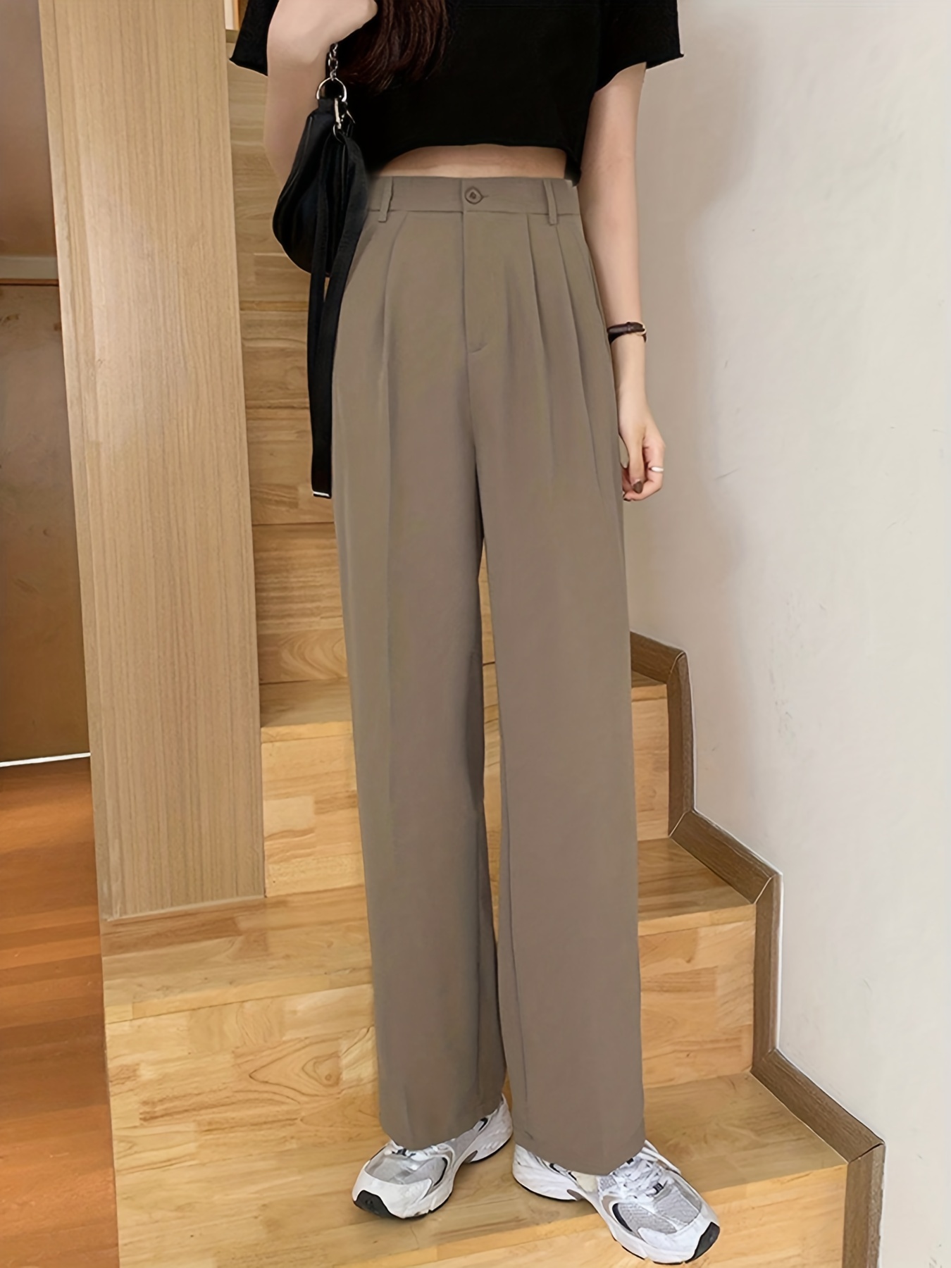 Solid Draped Straight Leg Pants Casual Button High Waist - Temu Canada