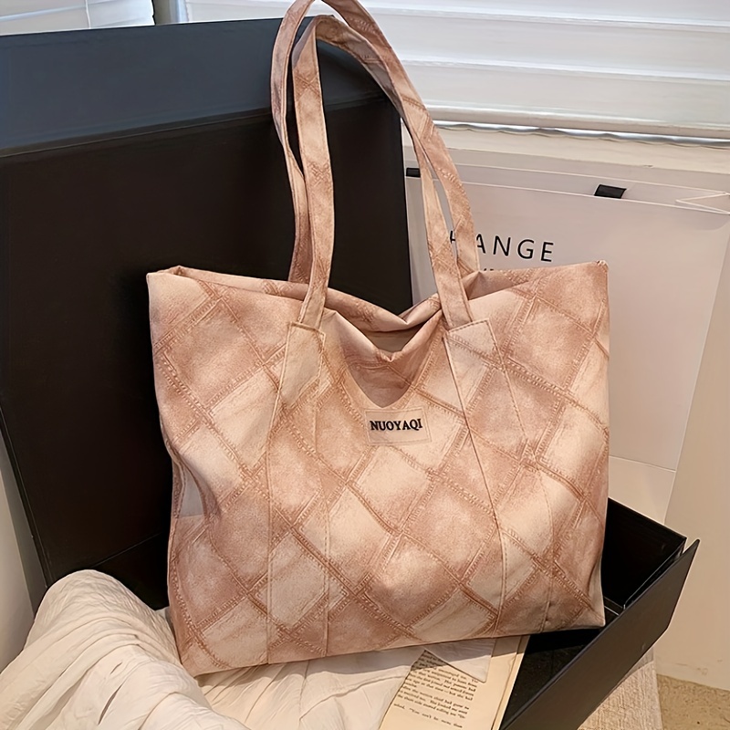 Rhombus Pattern Canvas Tote Bag, Large Capacity Shoulder Bag
