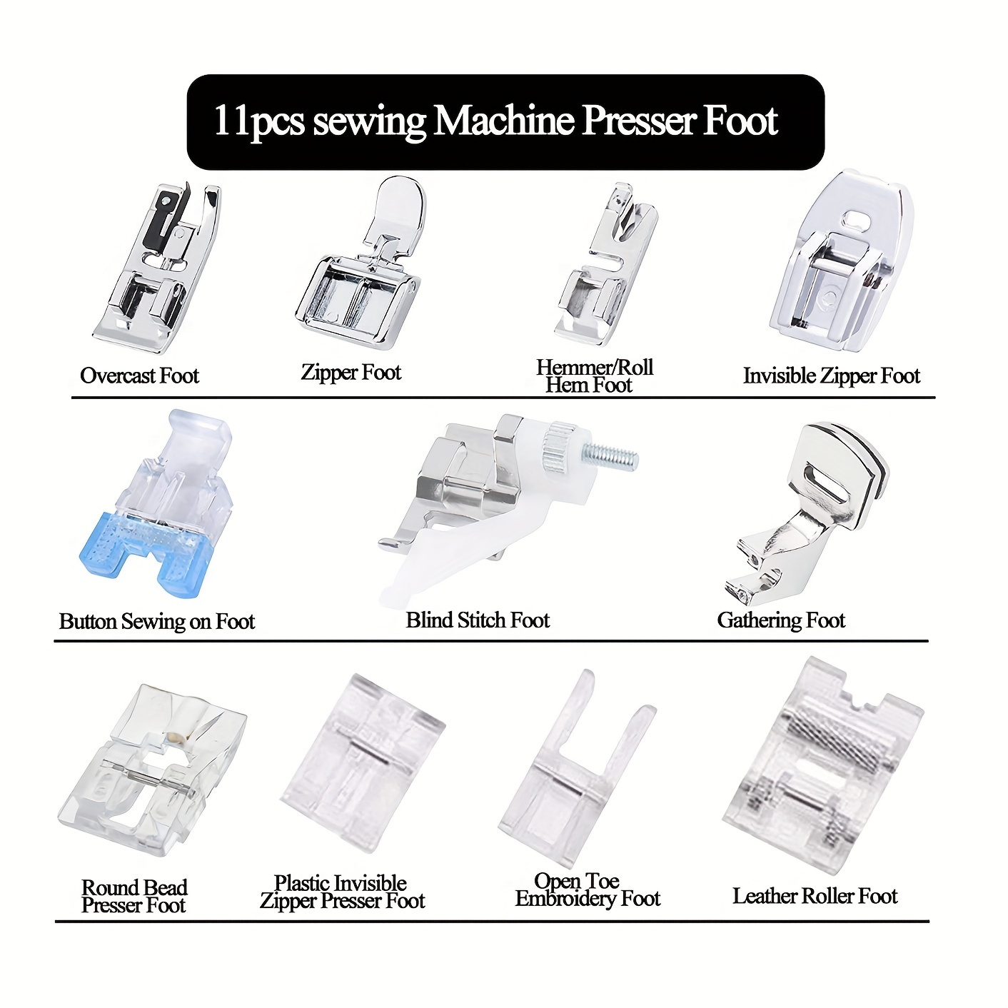 11pcs Presser Feet, Sewing Machine Presser Walking Feet Kit Compatible For  Brother Janome Elna New Home And Low Shank Sewing Machines, With Storage Bo