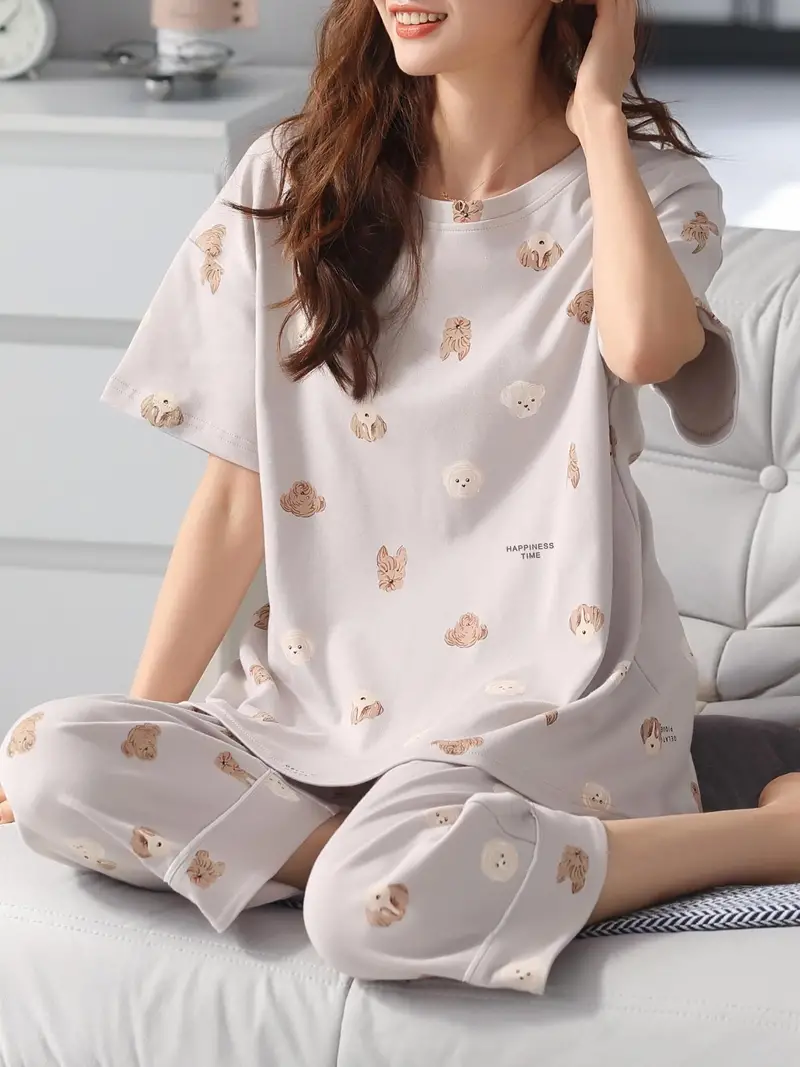 Cute Teddy Puppy Print Pajamas Set Soft Short Sleeve Crew - Temu