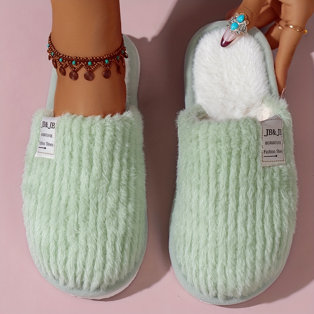 plush winter slippers simple solid color soft sole closed