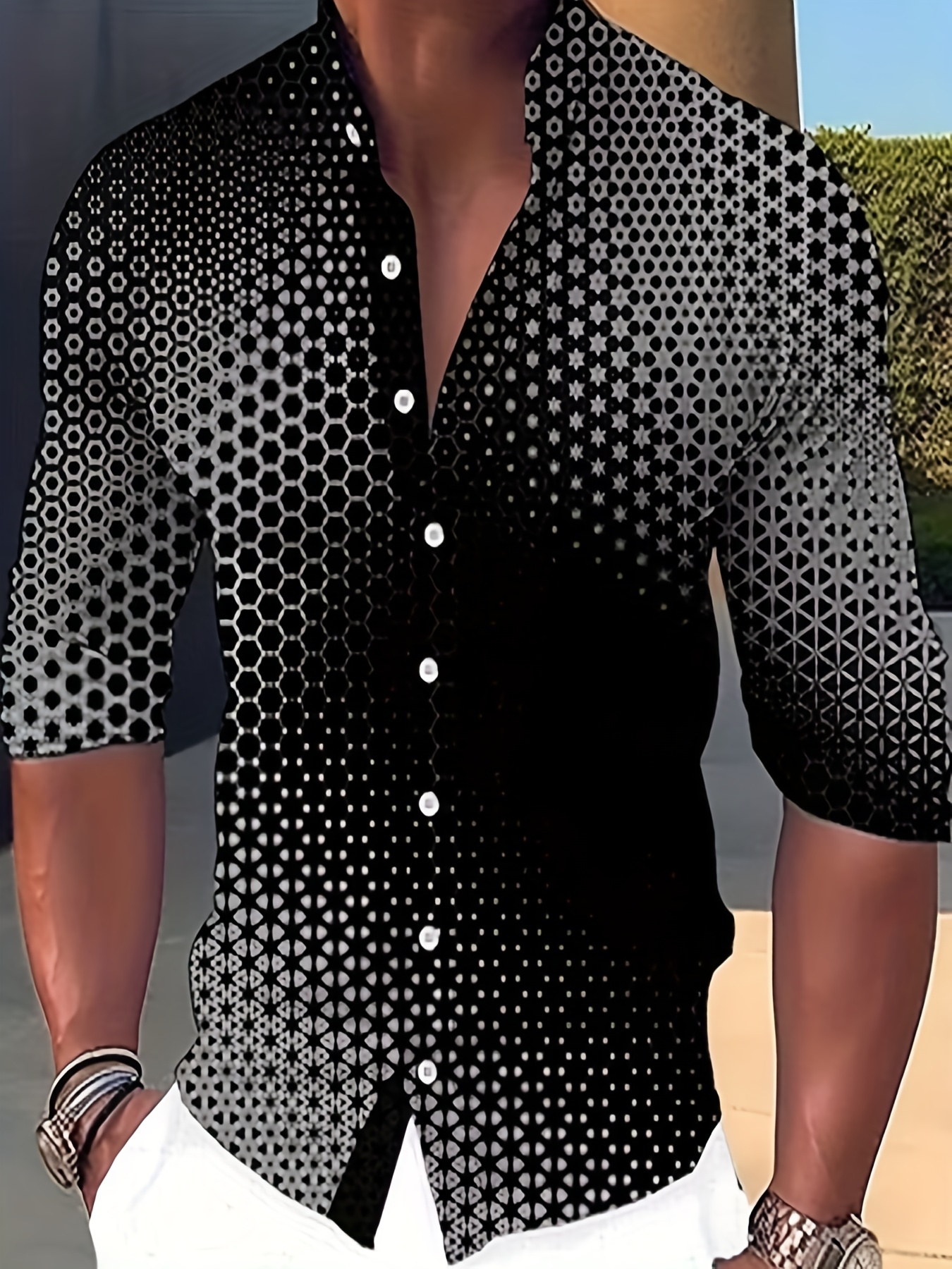 Floral Patterned Long Sleeves Slim Fit Black Men Shirt