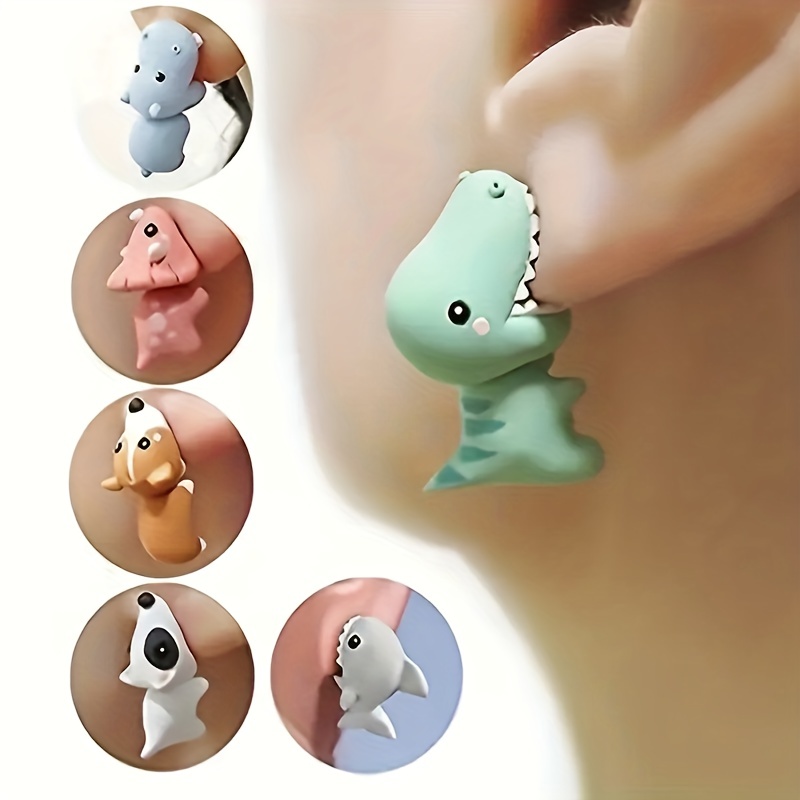 

2pcs Animal Cartoon Anime Stud Earrings Cute Dinosaur Little Dog Whale Clay Bite Ear Piercing Funny Jewelry