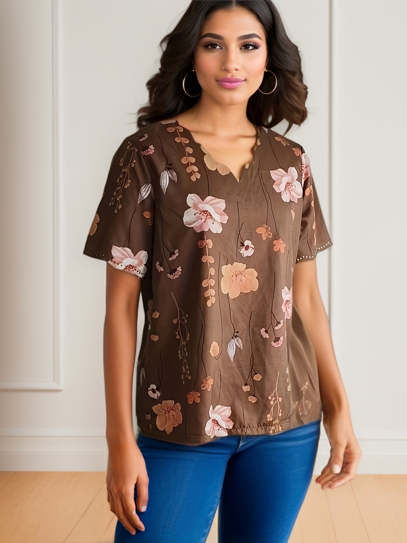 Brown Scallop Neck Blouse