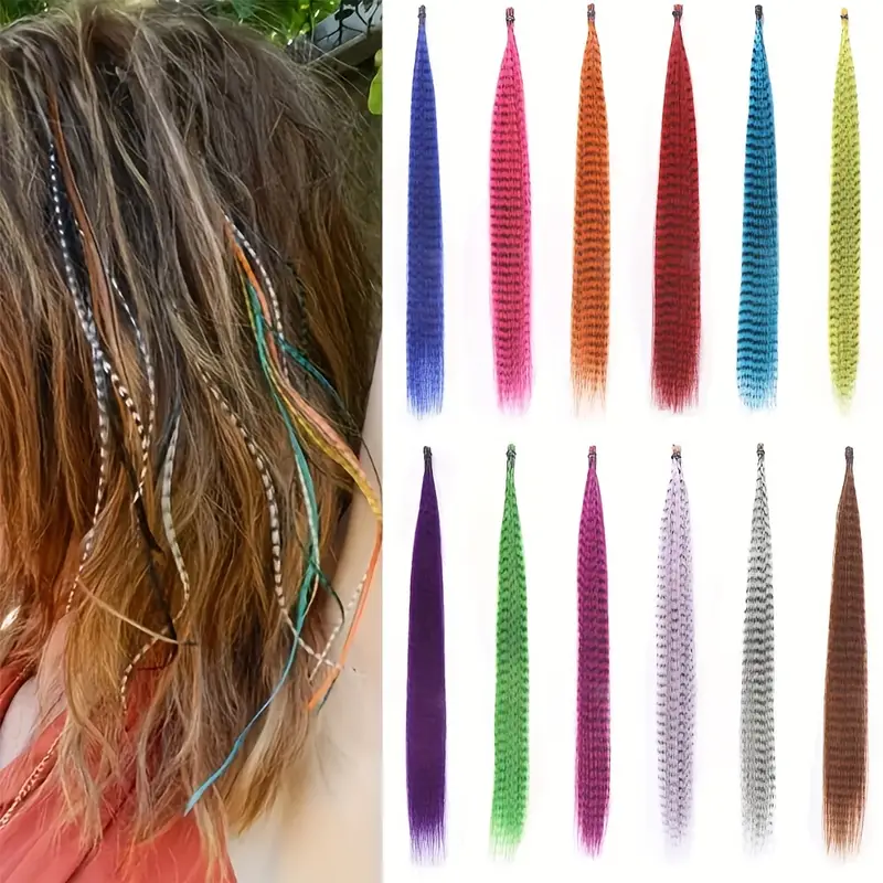 Colored Hair Strands Synthetic Hair Feather Extension Mixed - Temu