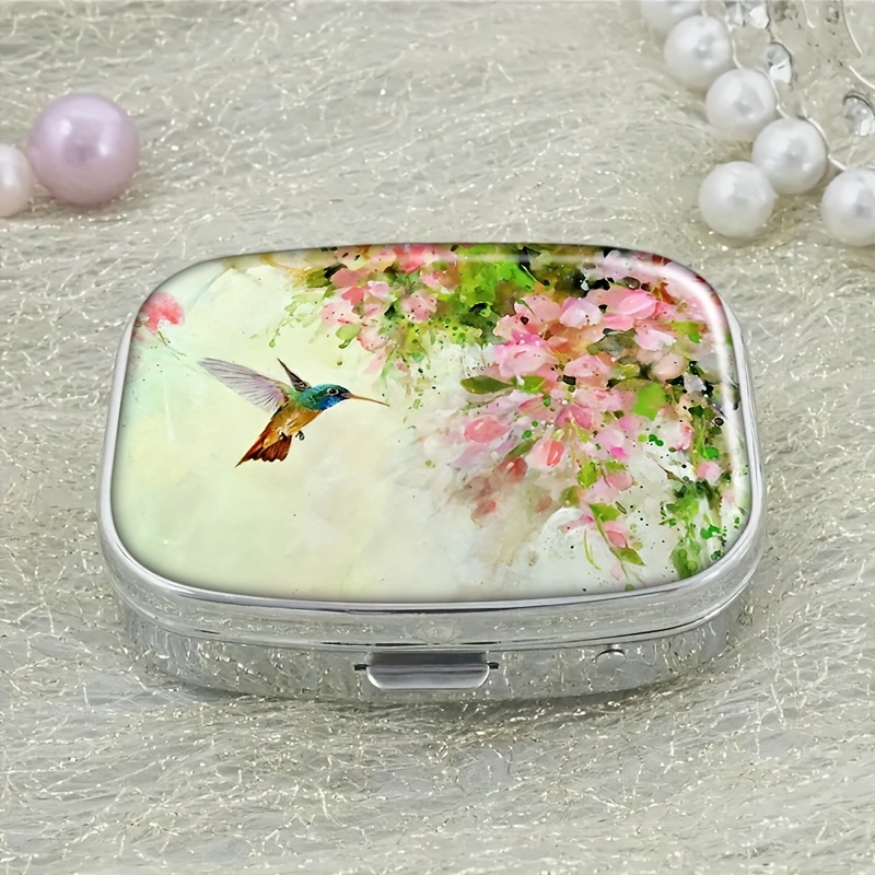 

1pc Lovely Hummingbird And Pink Flowers Pill Case, 2 Compartment Medicine Case, Rectangle Decorative Box, Vitamin Pill Organizer For Pocket Purse And Travel Gifts