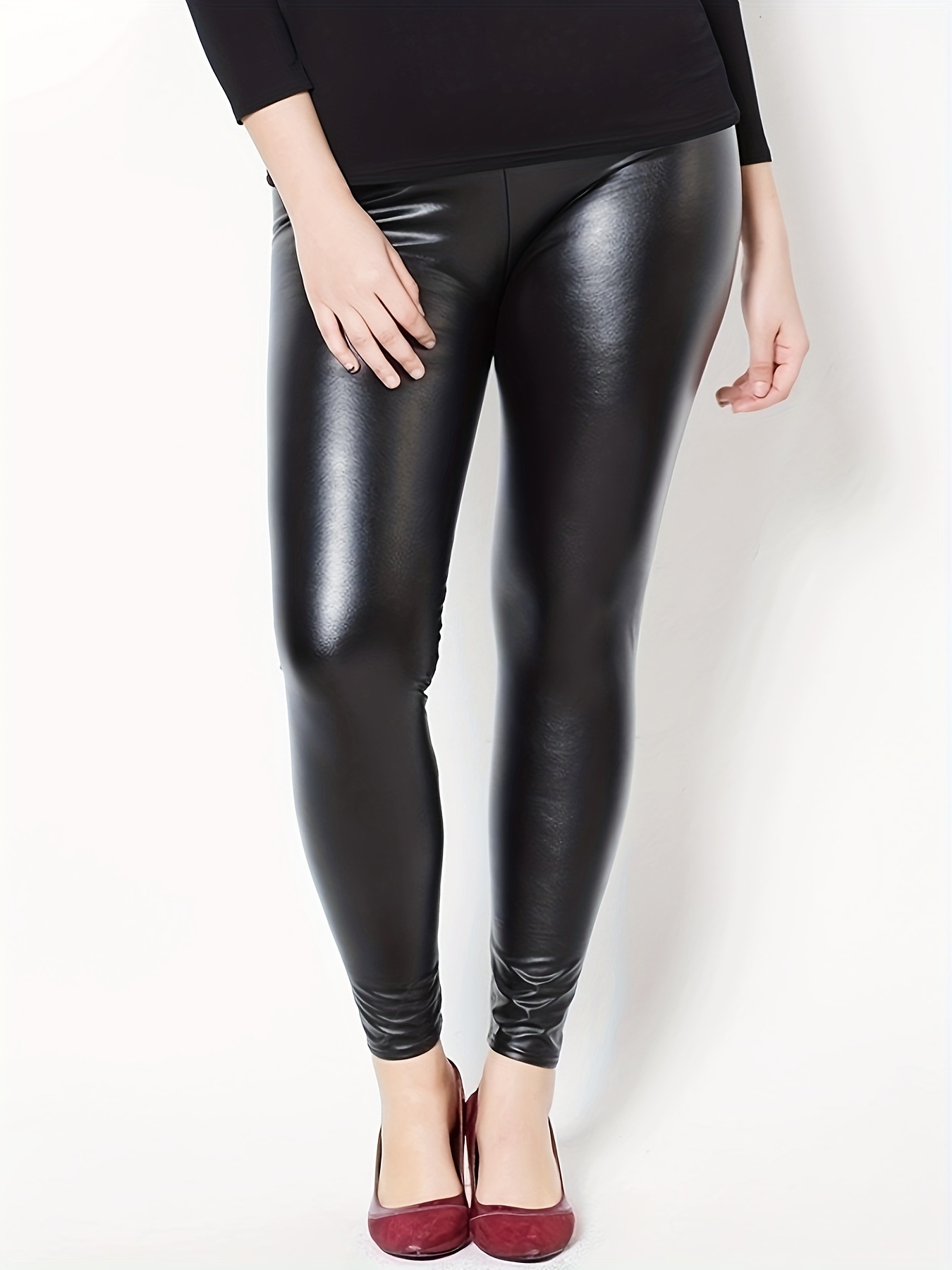 Sexy Pu Leather Push Leggings Solid Black Plus Size Perfect - Temu