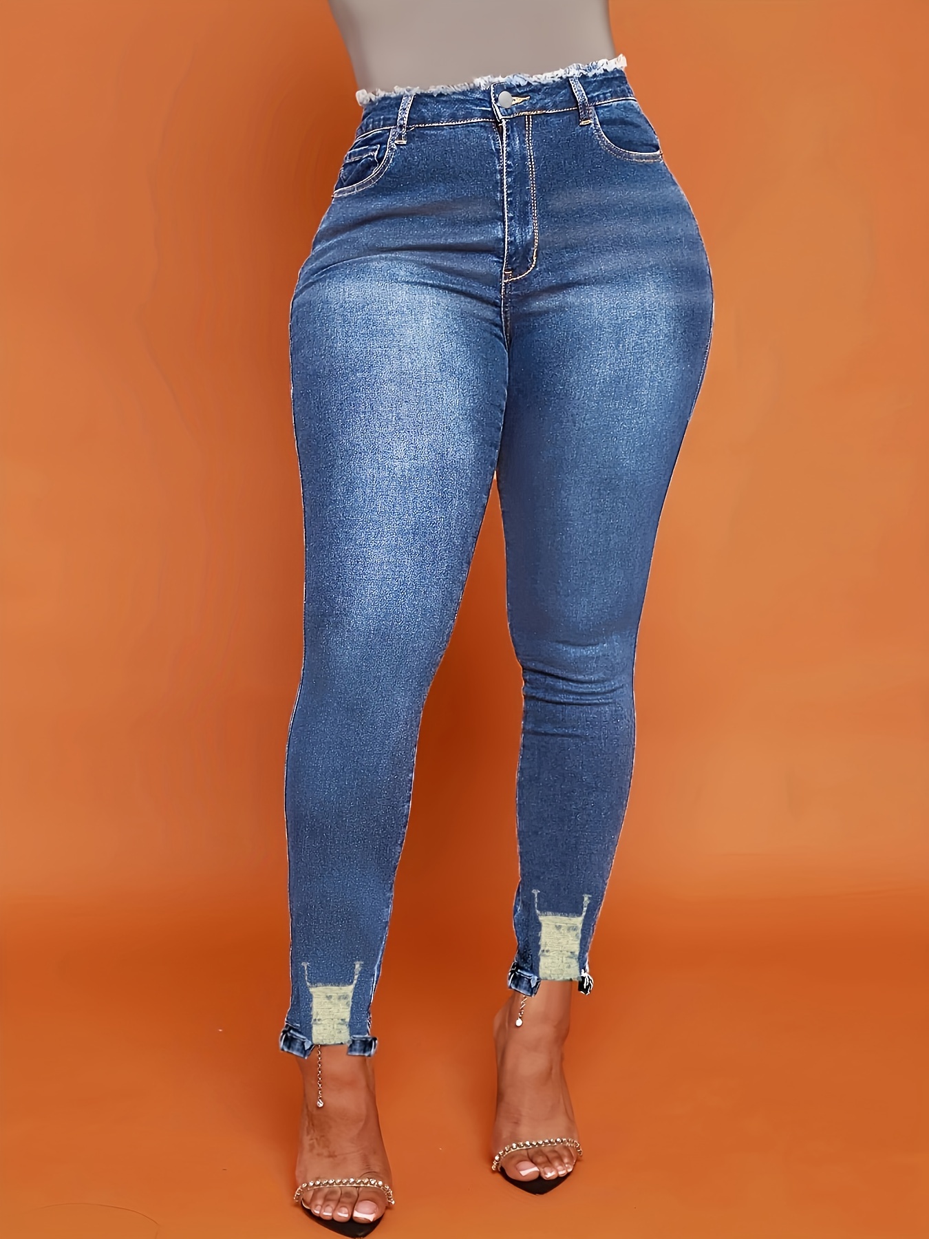 Blue Slim Fit Cropped Jeans Slash Pockets stretch Capris - Temu Canada