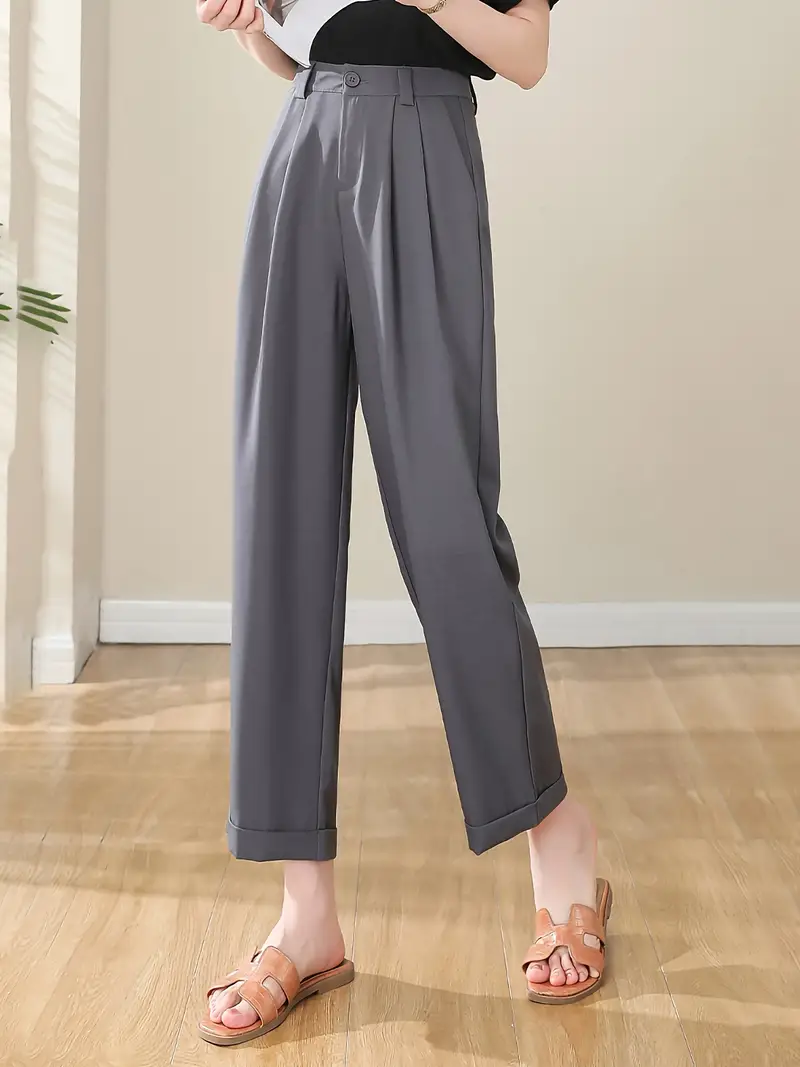 Solid Pleated Straight Leg Pants Casual High Waist Suit - Temu