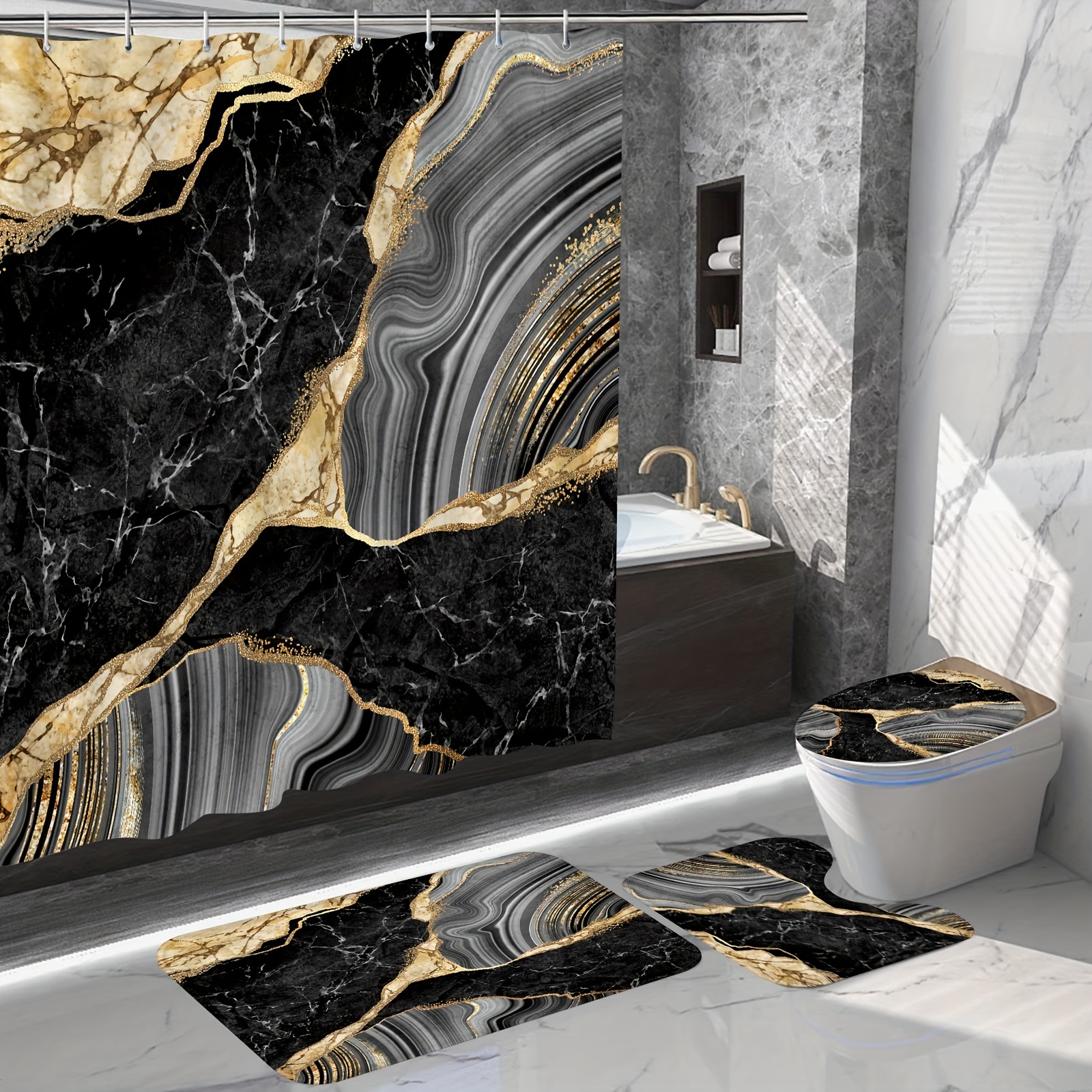 4 Pcs Shower Curtain Set Marble Black Gold Ombre Luxury Abstract
