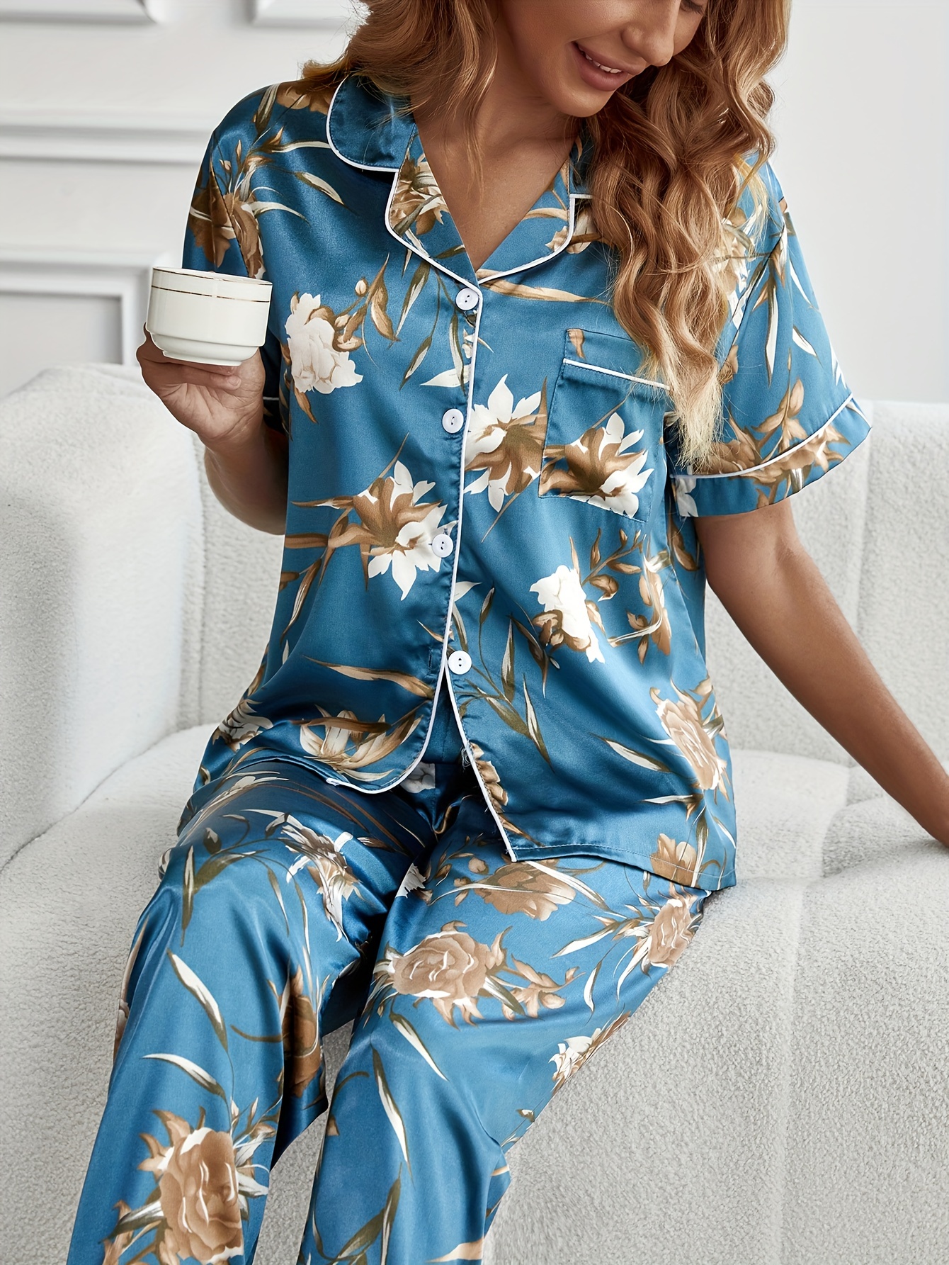 Floral Print Pajama Set, Casual Cami Crop Top & Ruffle Hem Bow Shorts,  Women's Sleepwear & Loungewear