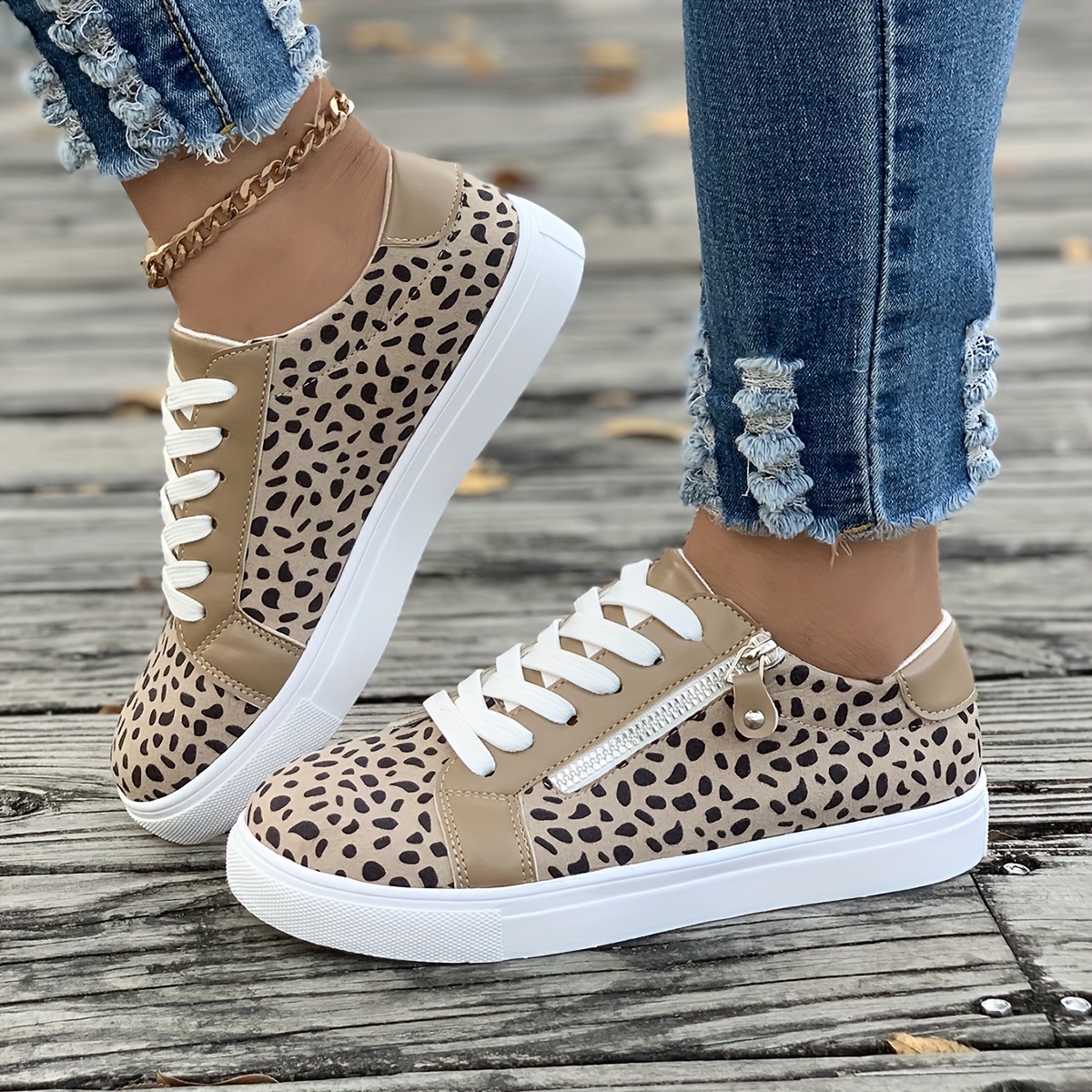 Women's Leopard Print Skate Shoes, Fashion Side Zipper Lace Up Low Top  Sneakers, Casual Flat Walking Shoes