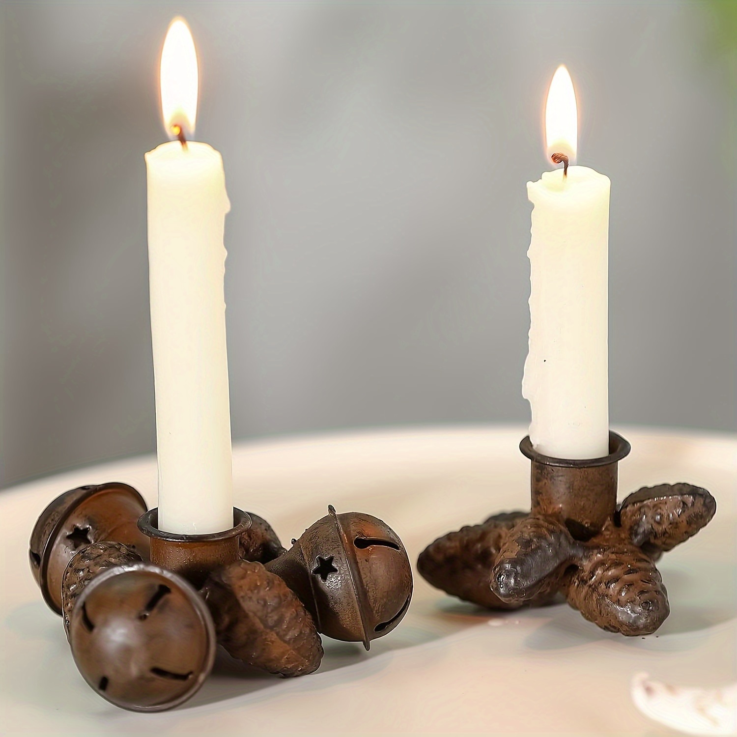 2pcs/set Metal Candlestick Holders, Rustic Pinecone Taper Candle Holders,  Pine Cone And Bell Decorative Candle Sticks Holder For Dining Room Table