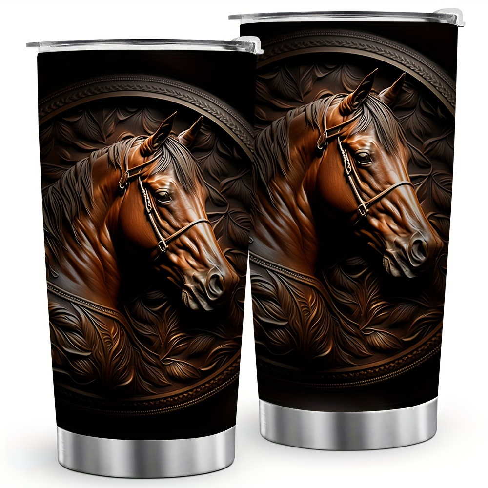 

20oz Horse Themed Stainless Steel Coffee Cup, Fashionable Horse Element Illustration Cup, Cup+lid+straw+straw Brush Set, Gift For Friends