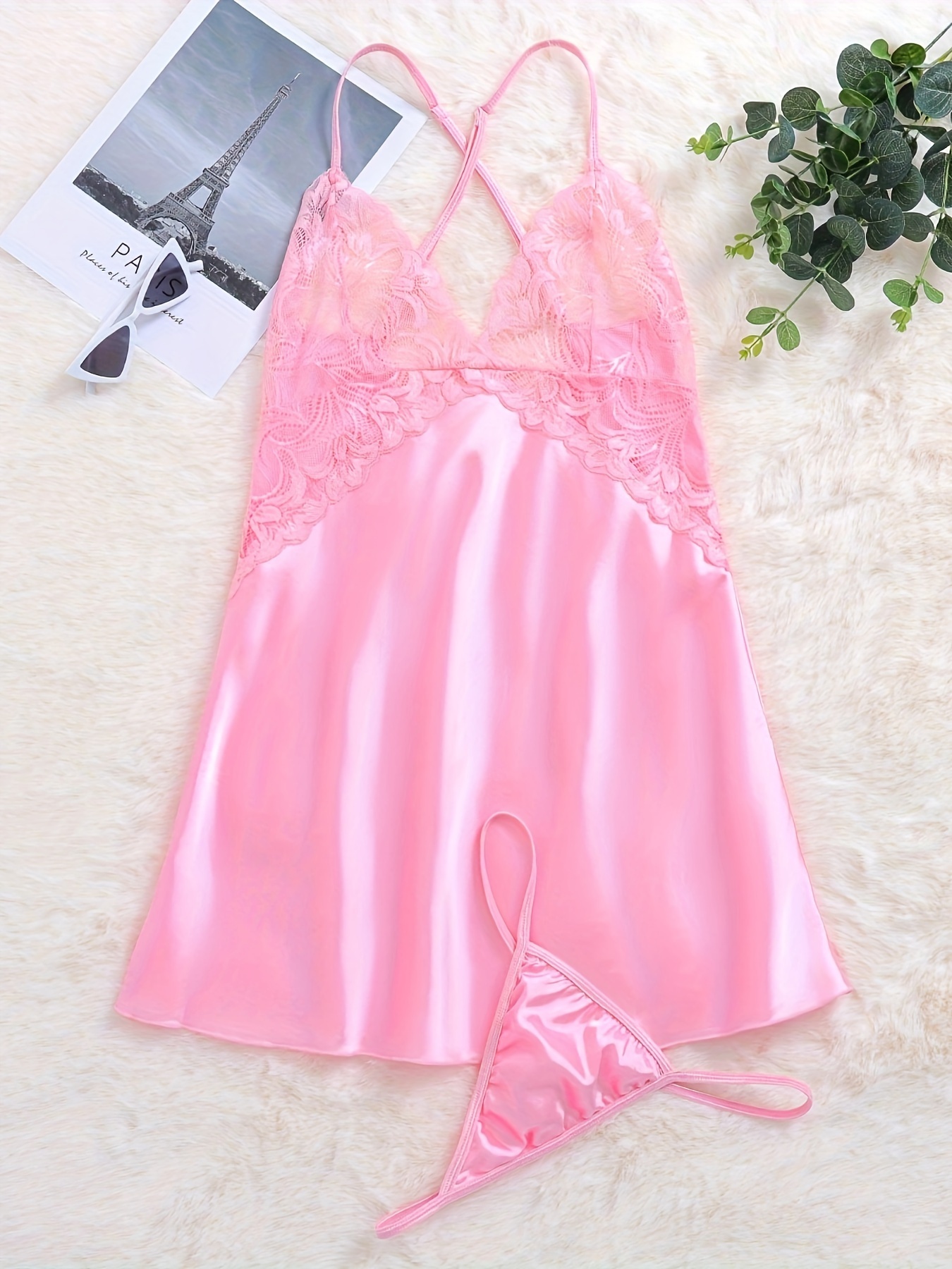 HTAIGUO Lingerie for Women Satin Teddy Babydoll Sleepwear Lace Chemise V  Neck Nightwear Mini Slip Nightgown SHTAIGUO XXL 