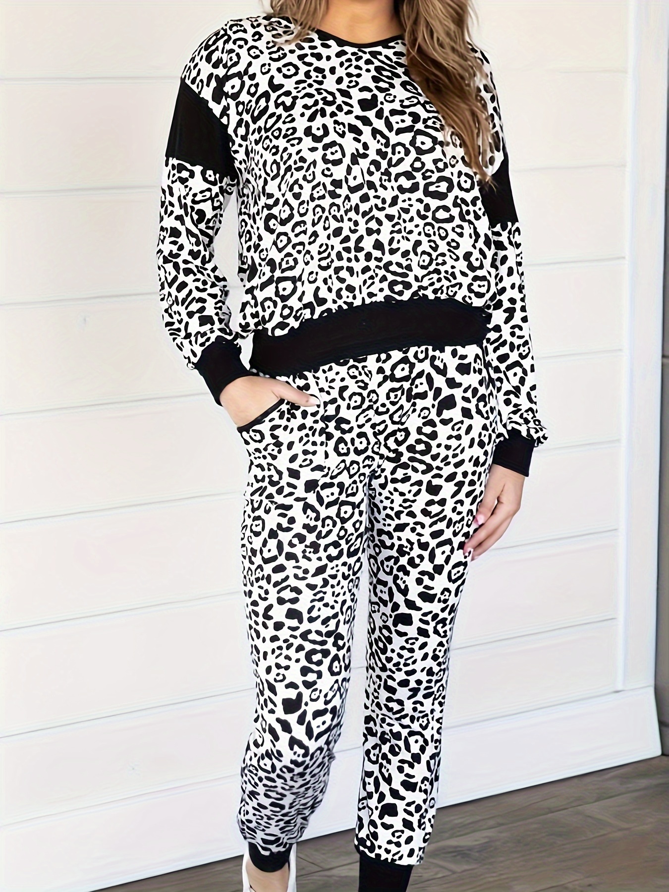 Plus Size Casual Outfits Set Women's Plus Leopard Print Long