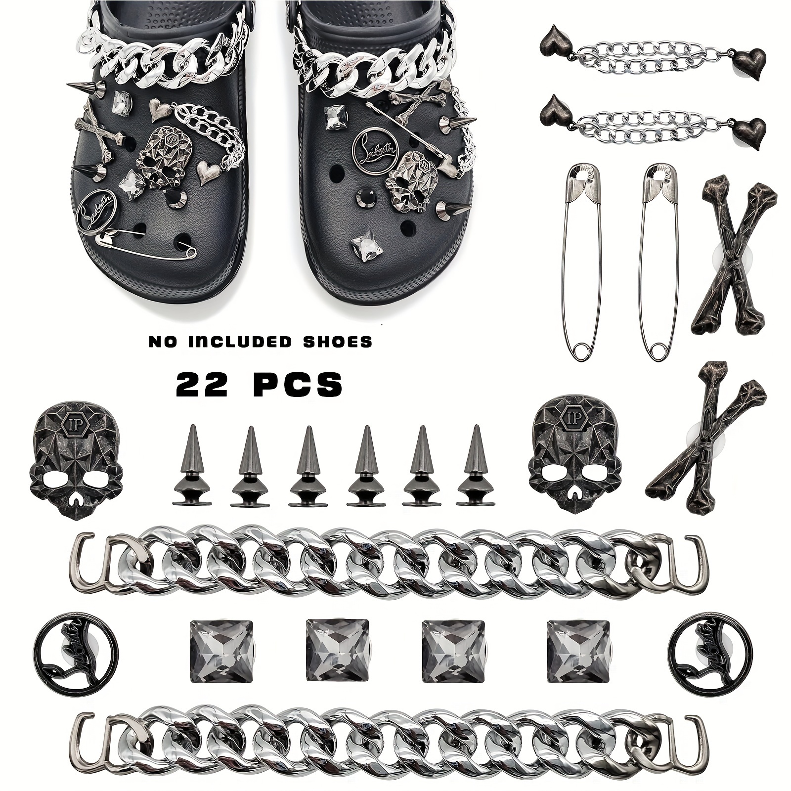 Punk Style Black Spikes with Chains for Decoration, Metal Rivets Charms for Clogs DIY Shoe Charms,Temu