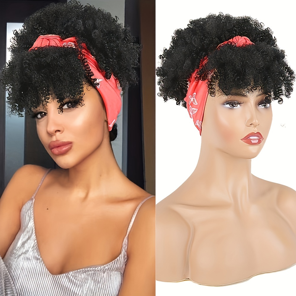 

Synthetic Curly Headband Hair Topper With Bangs Afro Puff Hair Topper For Women Head Wrap Drawstring Hair Topper Hair Extensions Music Festival