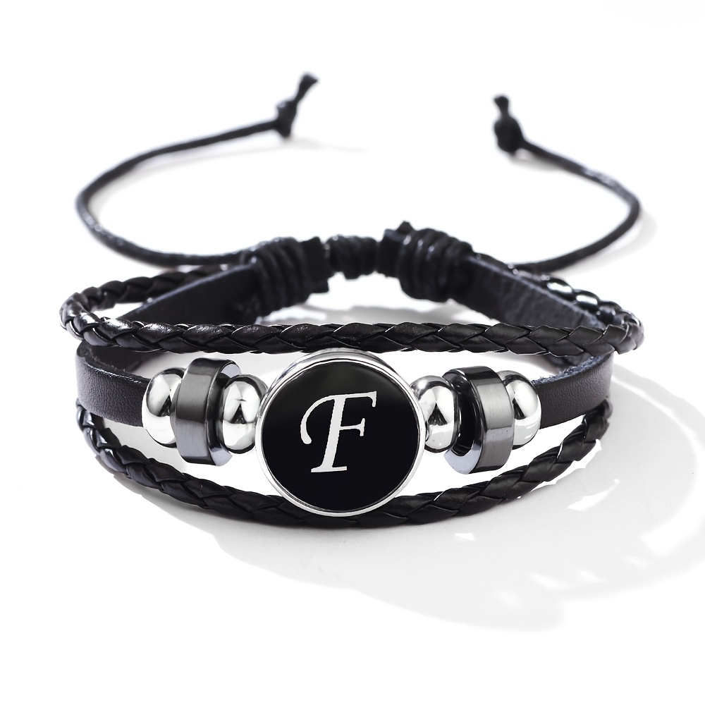 Classic European and American Style Minimalist Bracelet,  and Fashionable 26 English Letters Woven PU Leather Black Onyx Bracelet Jewelry
