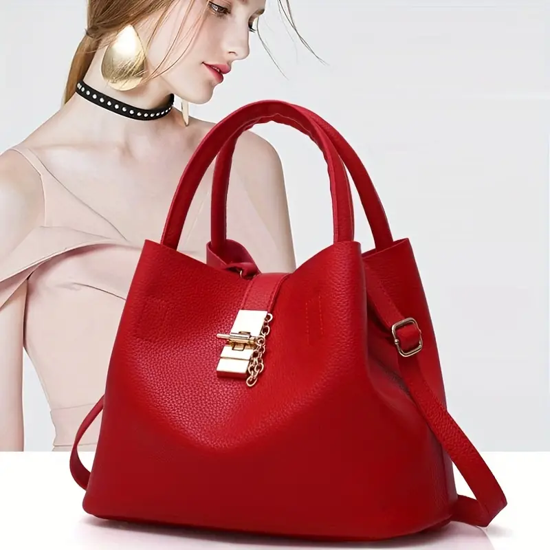 womens minimalist bucket bag turn lock satchel bag trendy solid color shoulder bag details 0