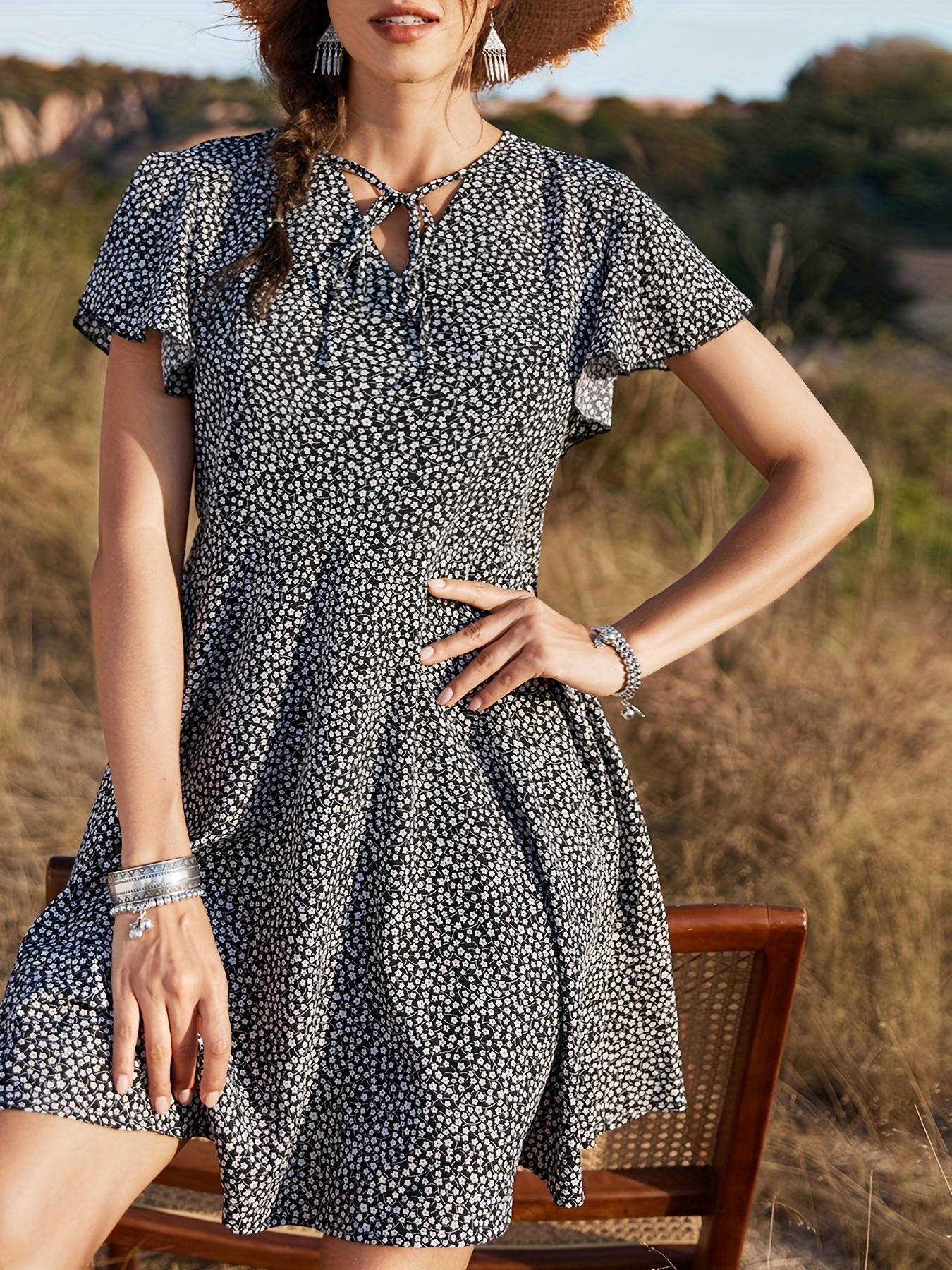 Buy Polka Dot Print Wrap Dress with Flutter Sleeves and Tie-Ups