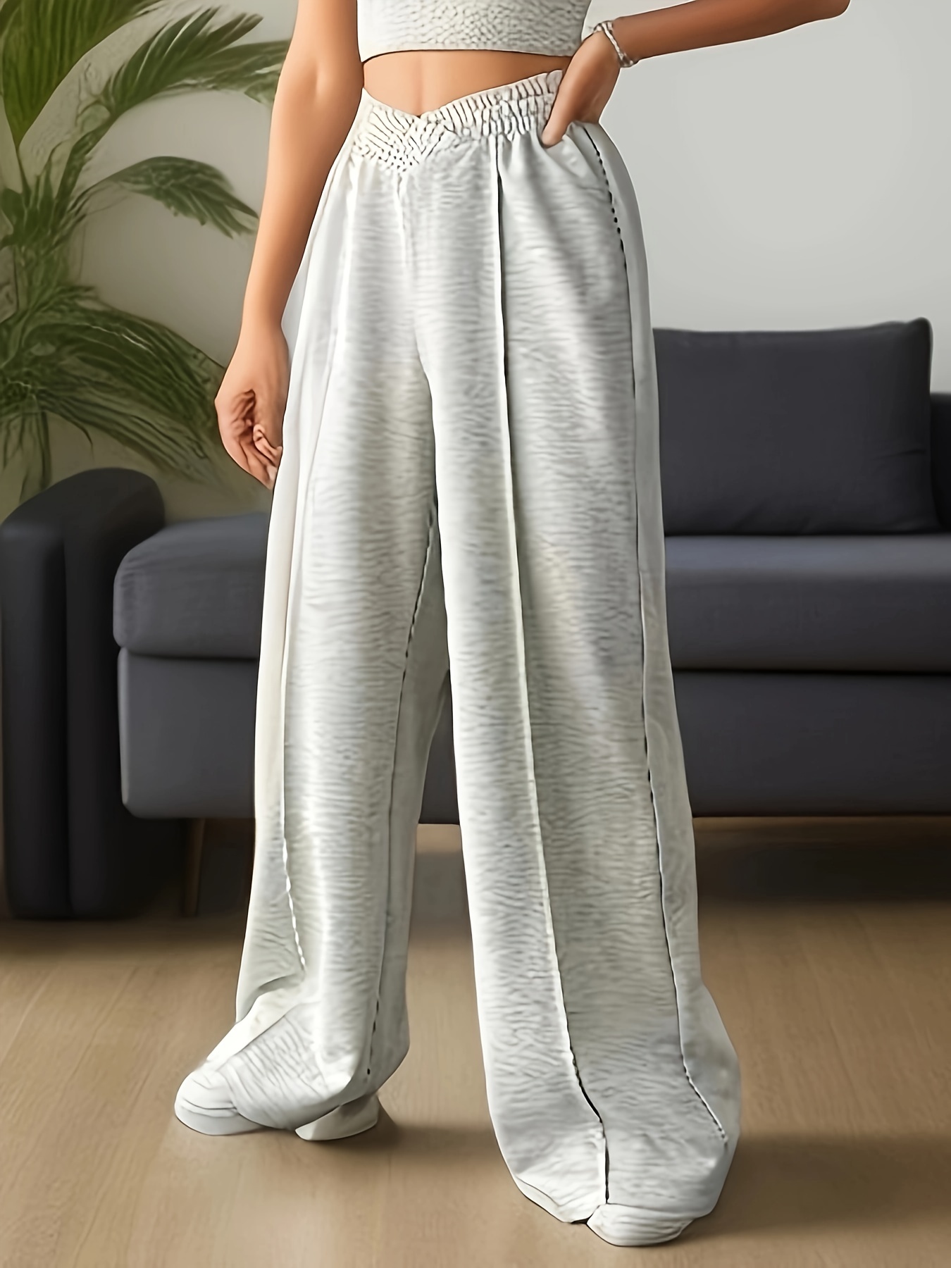 Womens Casual Pants Elastic Waist Solid Sweatpants Grey M