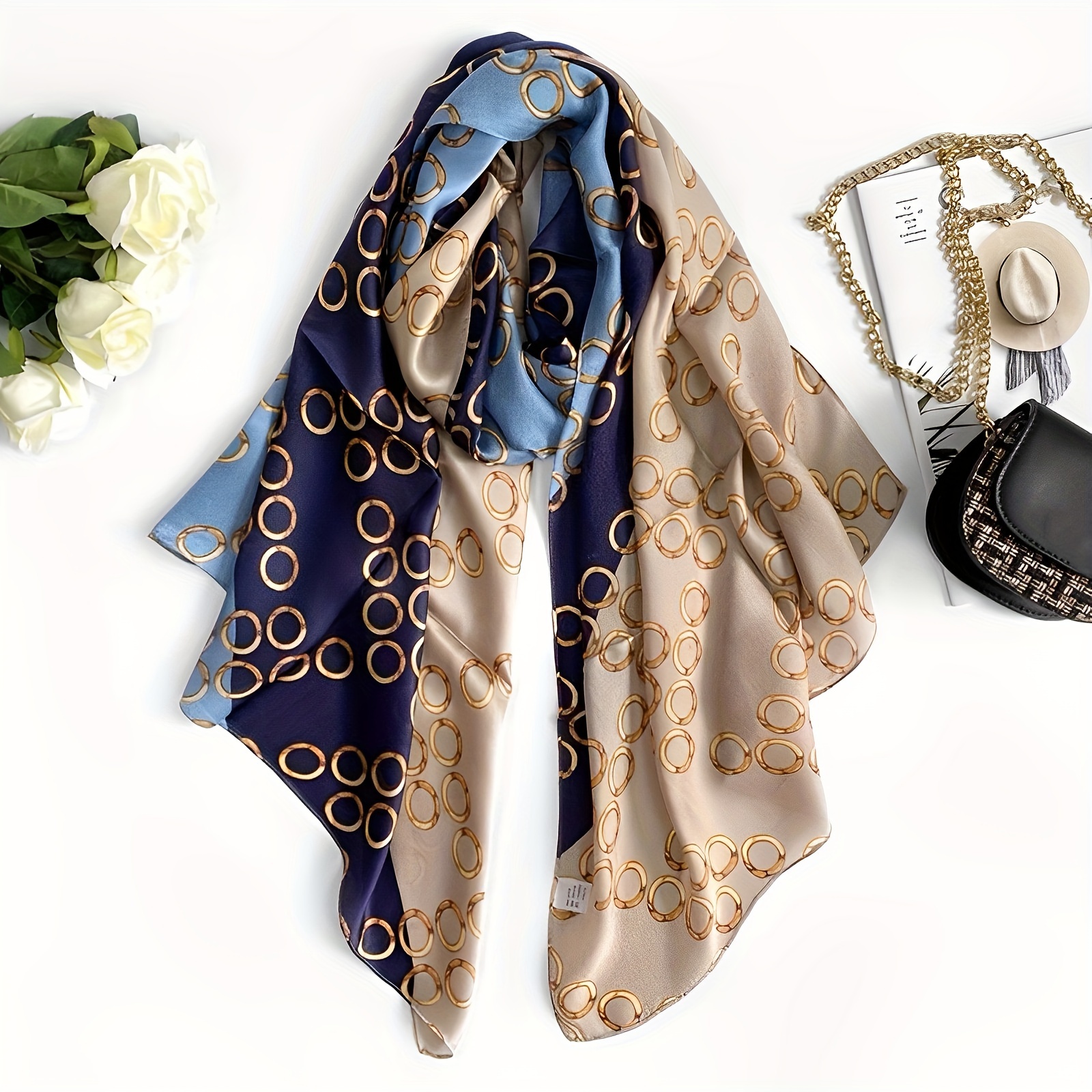 Geometric Round Ring Pattern Scarf 100% Mulberry Silk Long - Temu