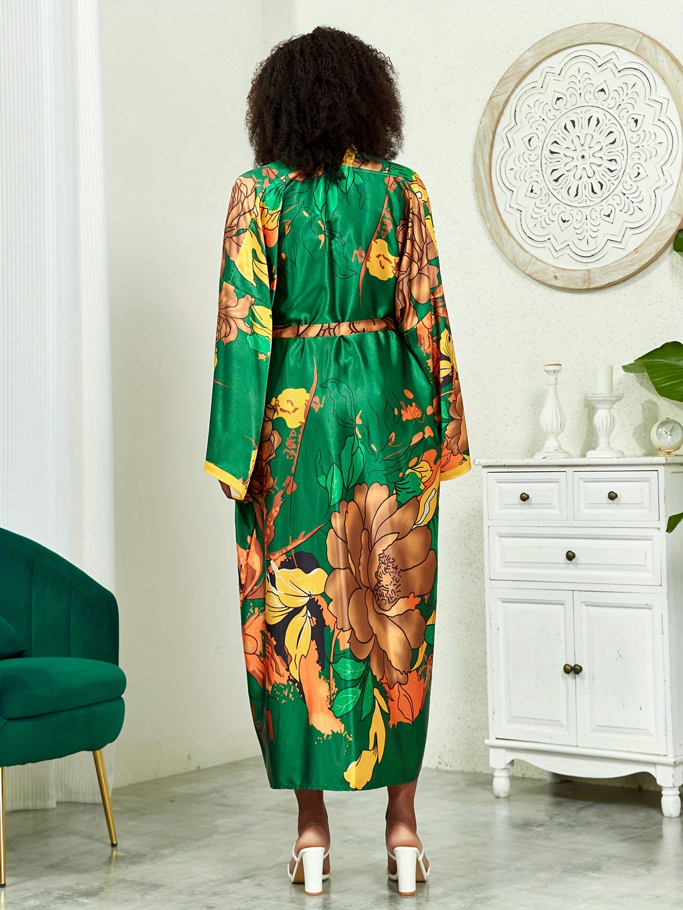 Terra & Sky Women´s Plus Size 1X Floral Printed Kimono and Green