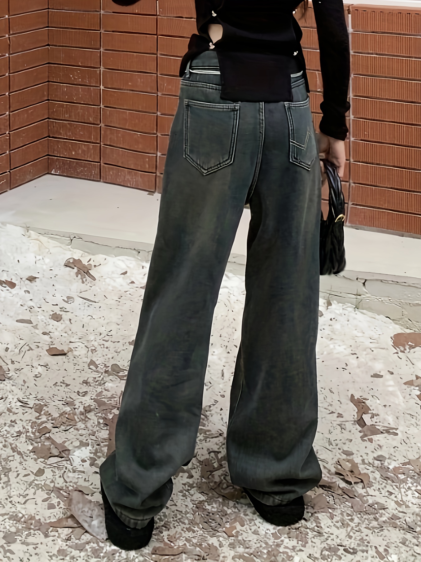 Jeans holgados lavados de cintura alta, pantalones anchos sin cinturón con  forro polar suelto, jeans de piernas anchas, ropa y jeans de mezclilla para