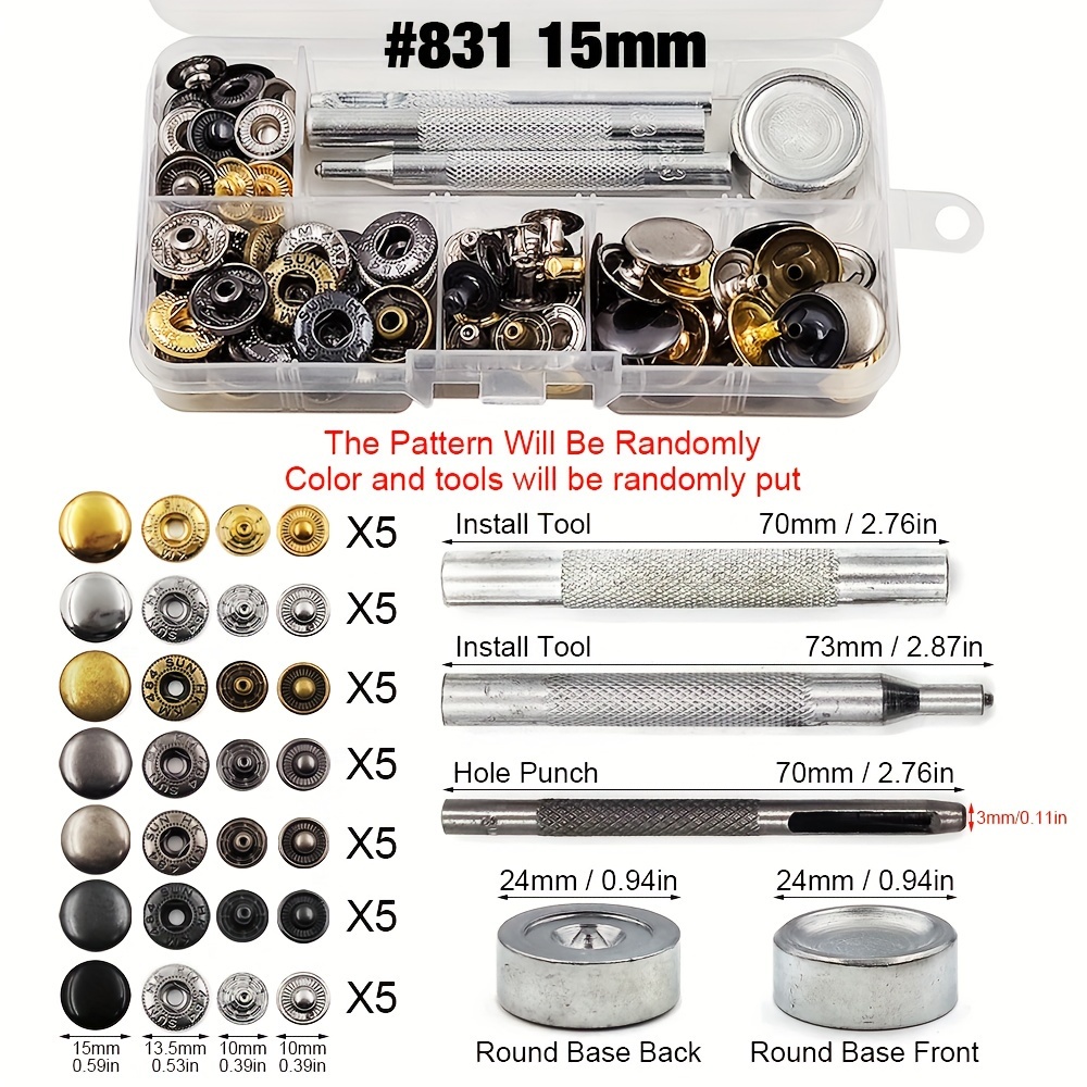 60 Sets 15mm Snap Fasteners Kit Metal Press Studs For Clothing Snaps Buttons Set Button Fix With 3 Setting Tools For Sewing Clothes Leather Diy