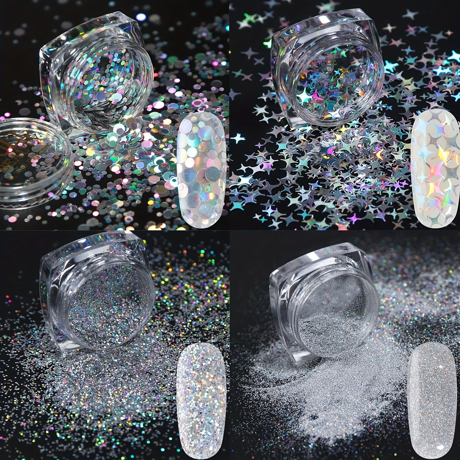 Holographic Nail Glitter, 12Girds 3D Laser Silver Nails Art Glitter Sequins  Metallic Shining Flakes Acrylic Powder Dust Sequins for Manicure Tips