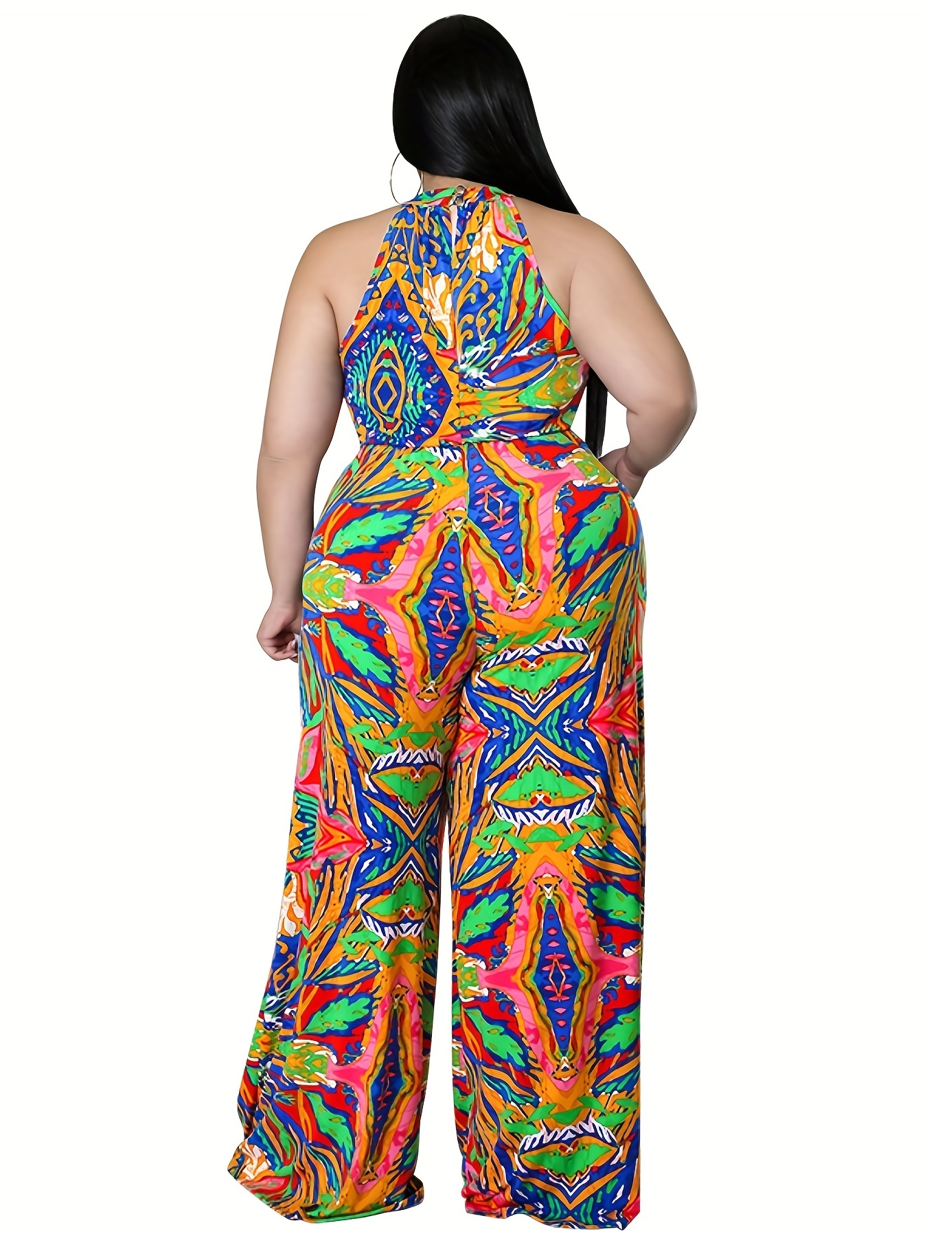 Plus Size Tie Neck Printed Wide Leg Jumpsuit, MULTI, 30/32