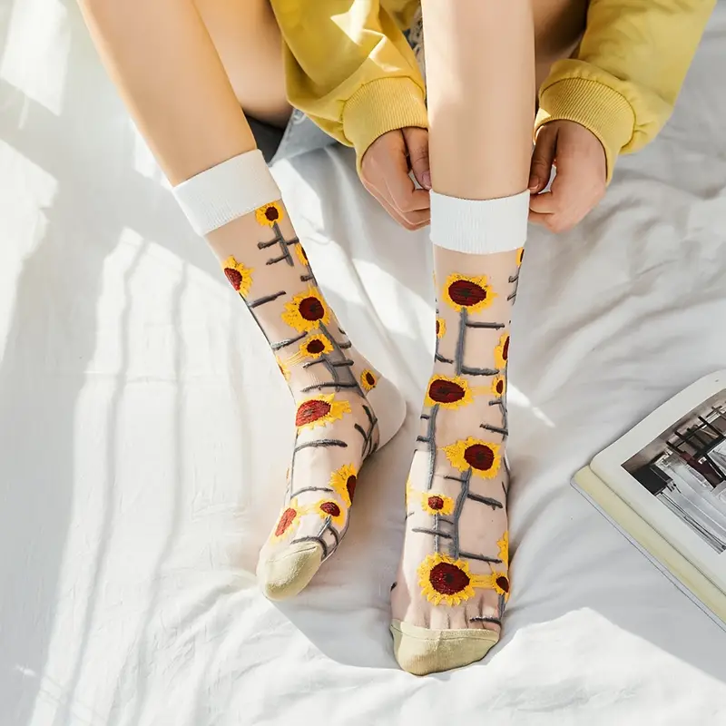 Cute Sheer Crystal Glass Socks Retro Floral Mesh Sock - Temu