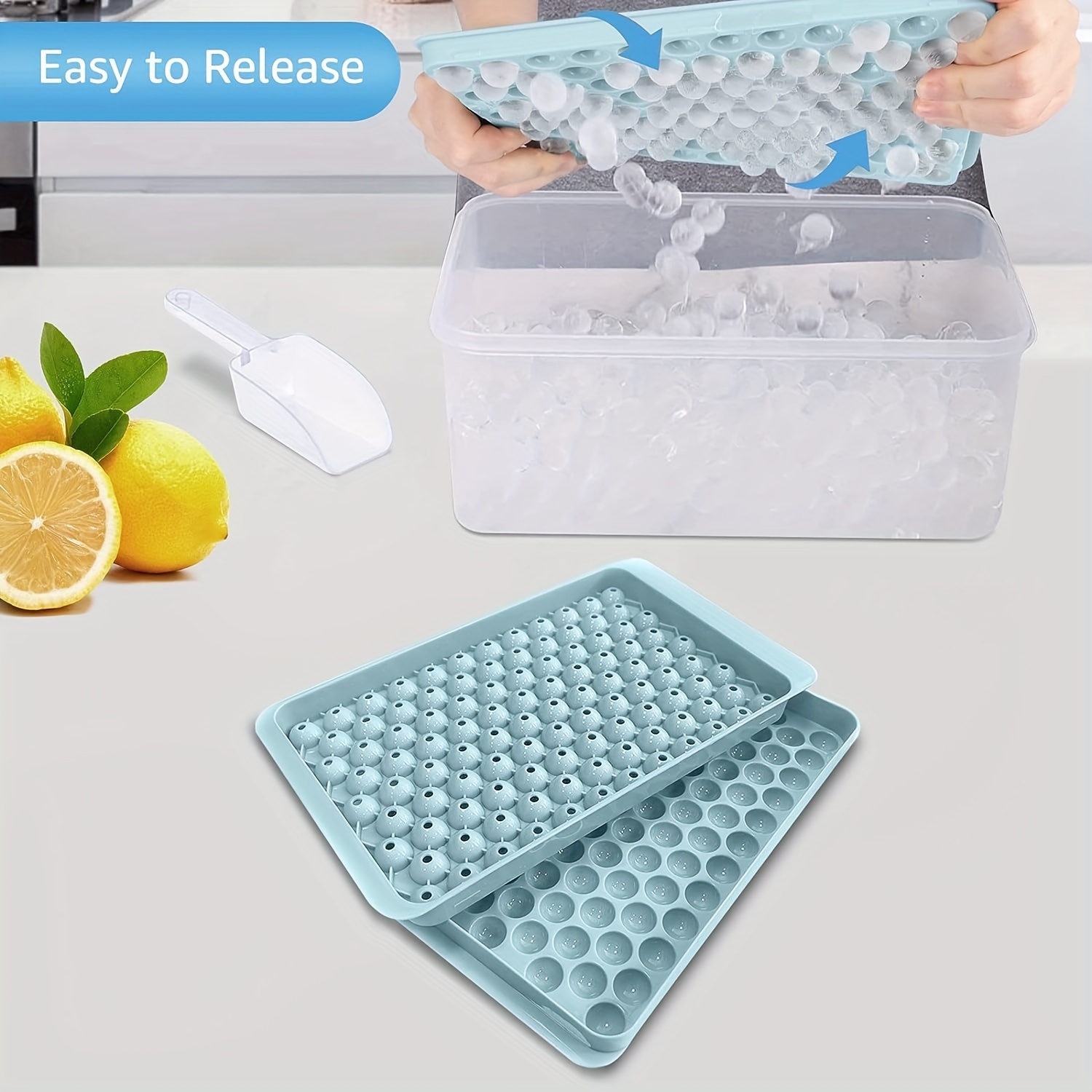 1set Round Ice Cube Trays With Lid & Bin, BPA Free Easy Release
