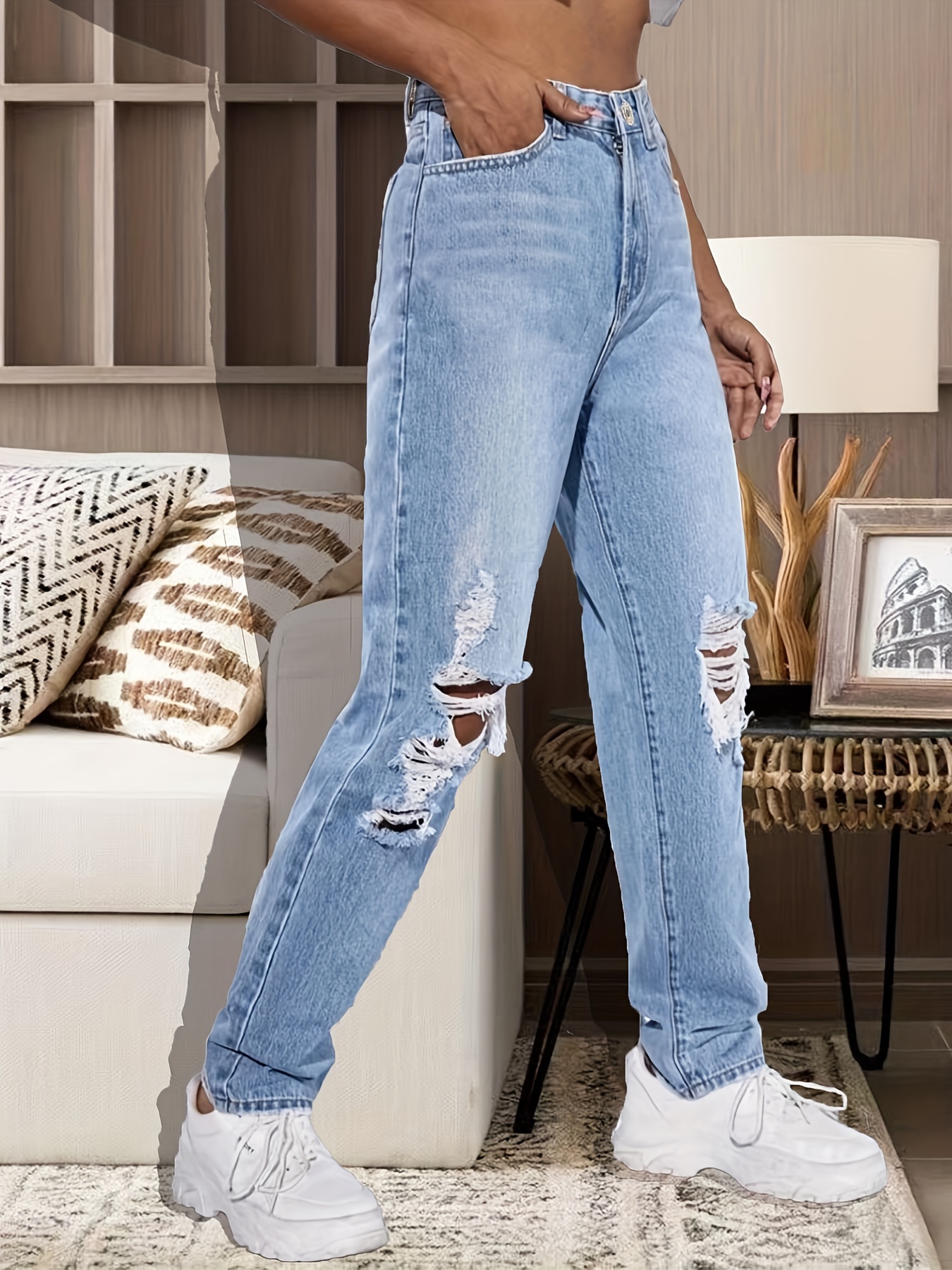 HECOLT Women's Denim Pants High Waist Light Wash Ripped Frayed Tapered Jeans  Fashion Beauty Lovely Unique (Color : Light Wash, Size : X-Small) :  : Clothing, Shoes & Accessories