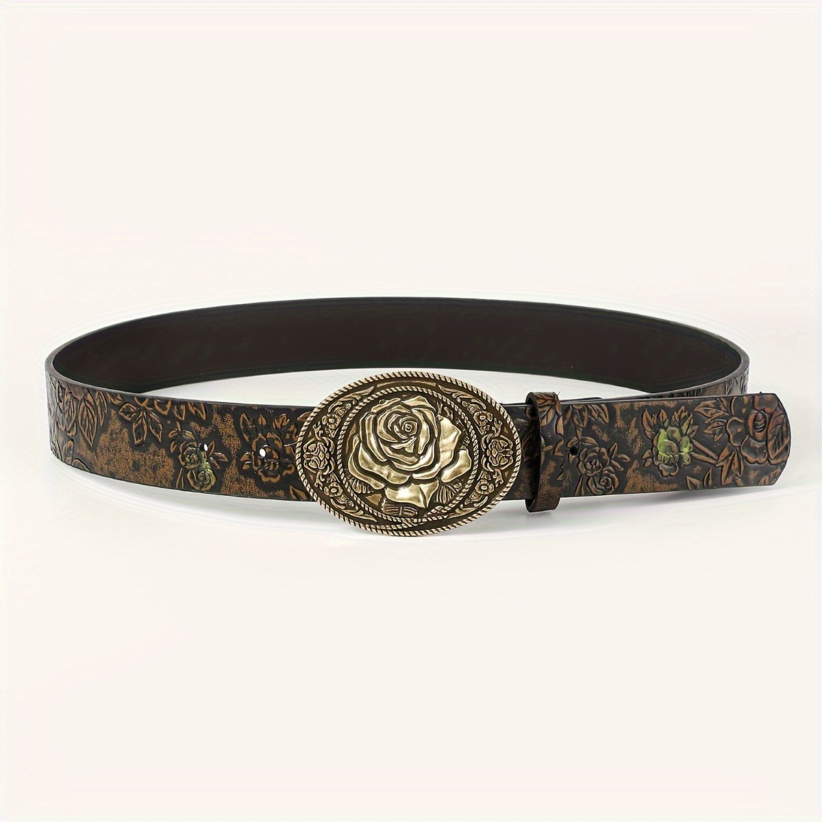 Vintage Carved Buckle Retro Flower Embossed PU Leather Belt For Men,  Western Cowboy Rose Pattern Buckle Belt, Trendy Waistband