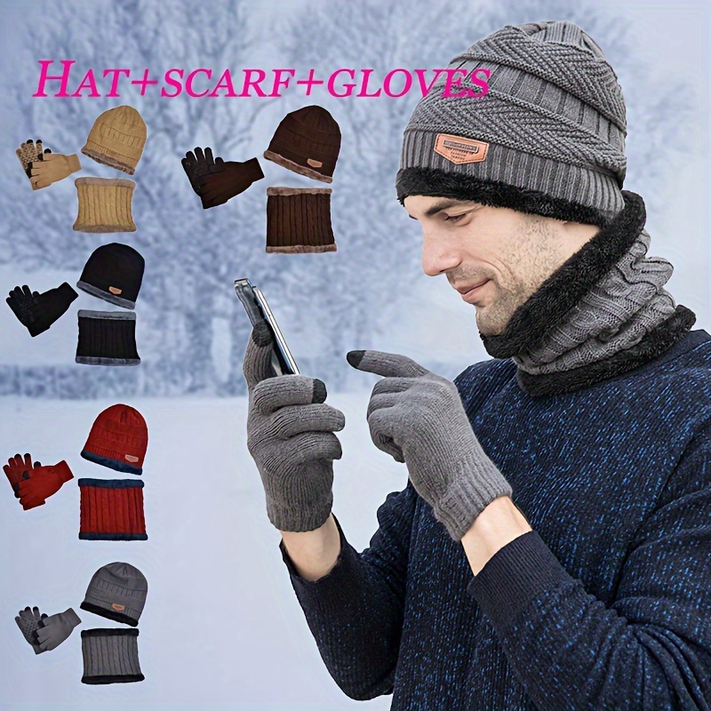 1pc f Winter Beanie Hat & Scarf Set Warm Knit Thick Fleece Lined