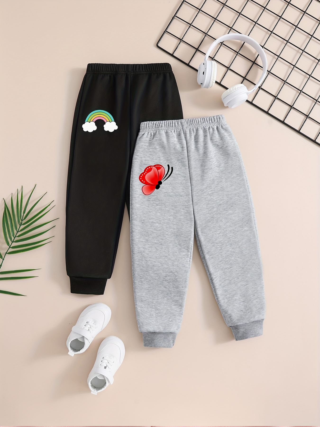 2pcs Girls Cute Rainbow & Butterfly Print Pull-On Casual Trousers, Loose  Comfy Jogger Sweatpants For Toddler Kids Daily Outwear