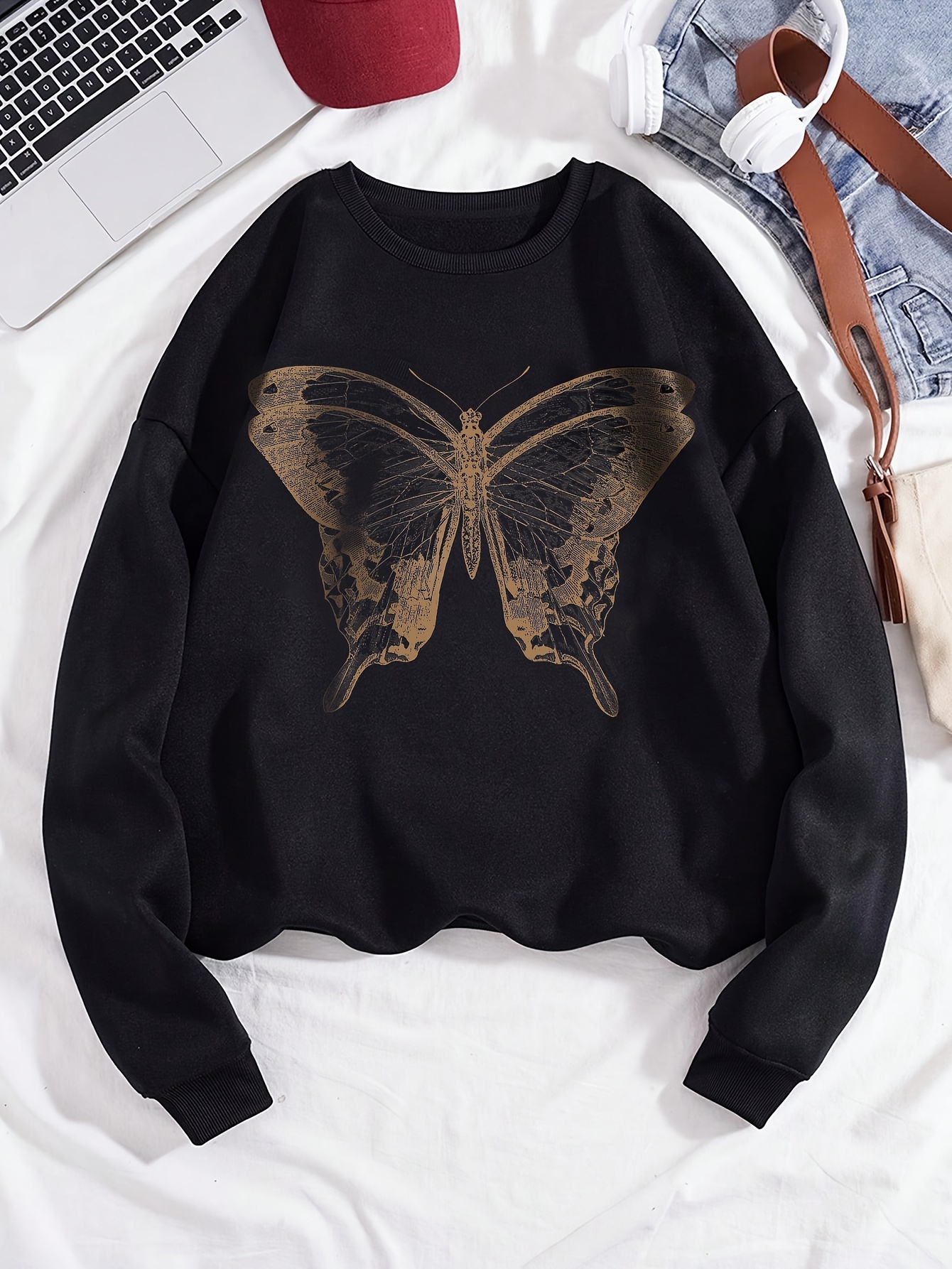 Butterfly Print Loose Sweatshirt Casual Crew Neck Long Sleeve Sweatshirt Women s Clothing