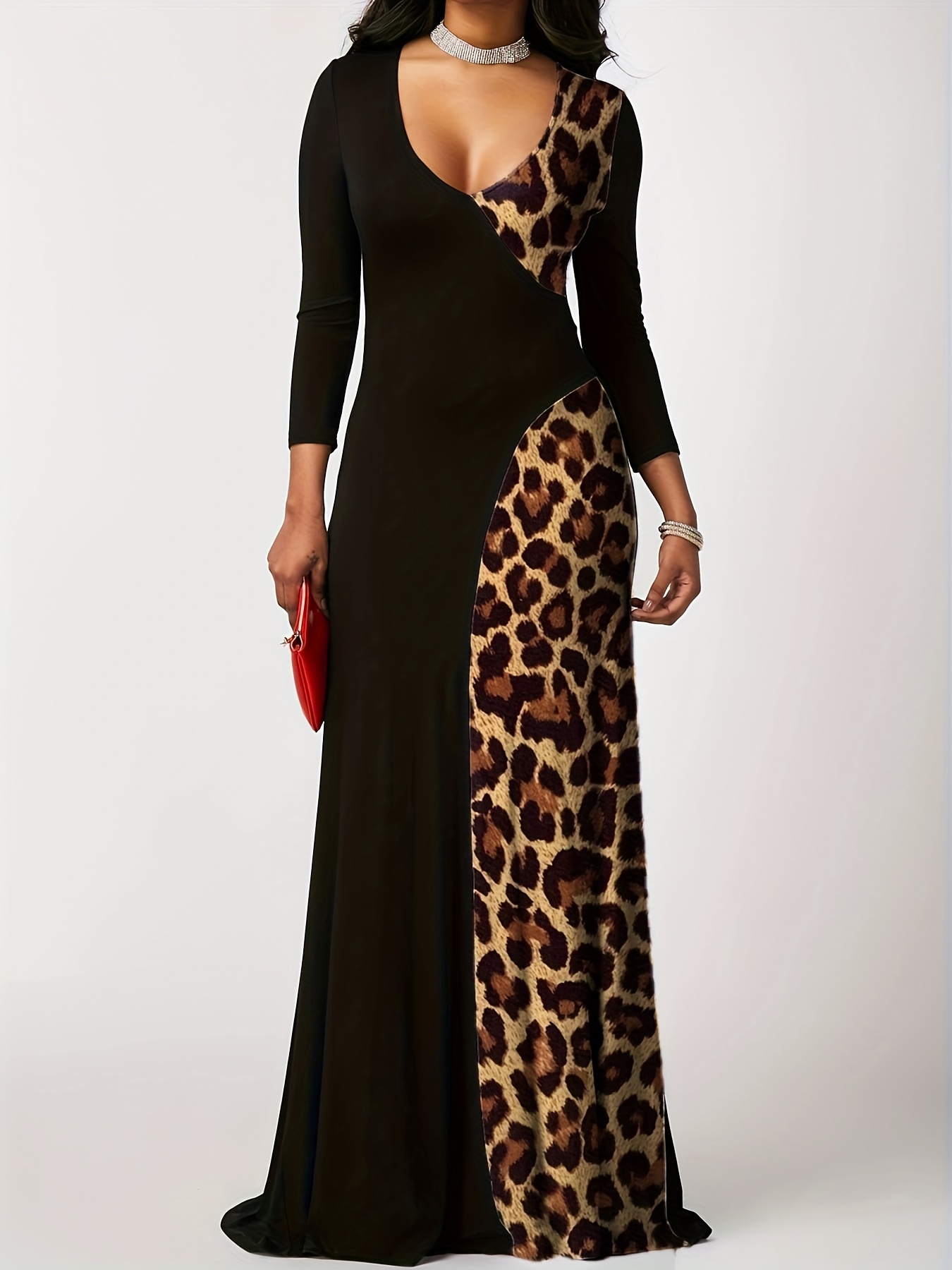 Leopard Print Splicing Dress Casual V Neck Long Sleeve Maxi Dress Women s Clothing