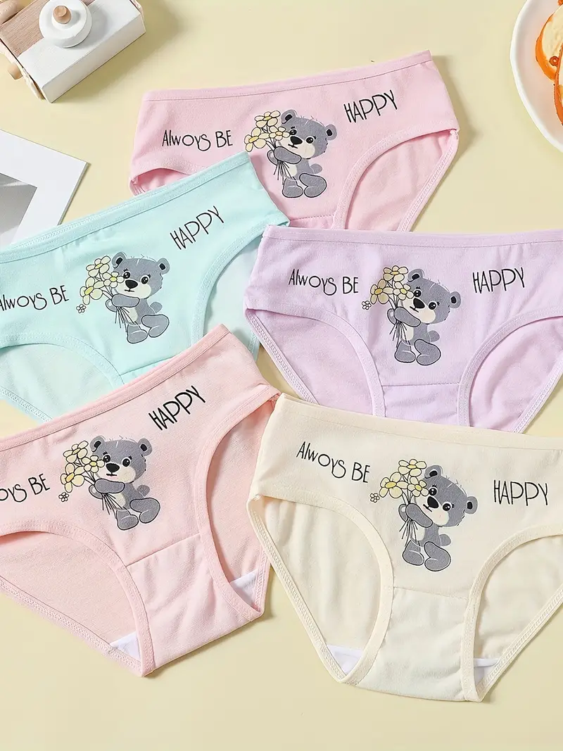 5pcs Toddler Girls Mixed Color Briefs Cartoon Bear Print Cute Bottoming  Underwear Comfy Breathable Underwear