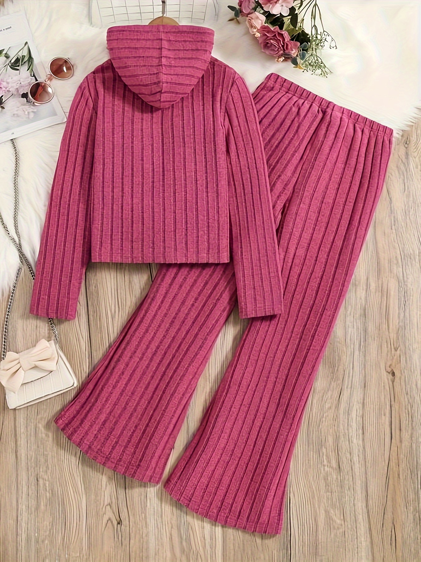 Plus Size Casual Lounge Set, Women's Plus Solid Ribbed Knit Long Sleeve  Hoodie & Flared Leg Pants Home Wear 2 Piece Set