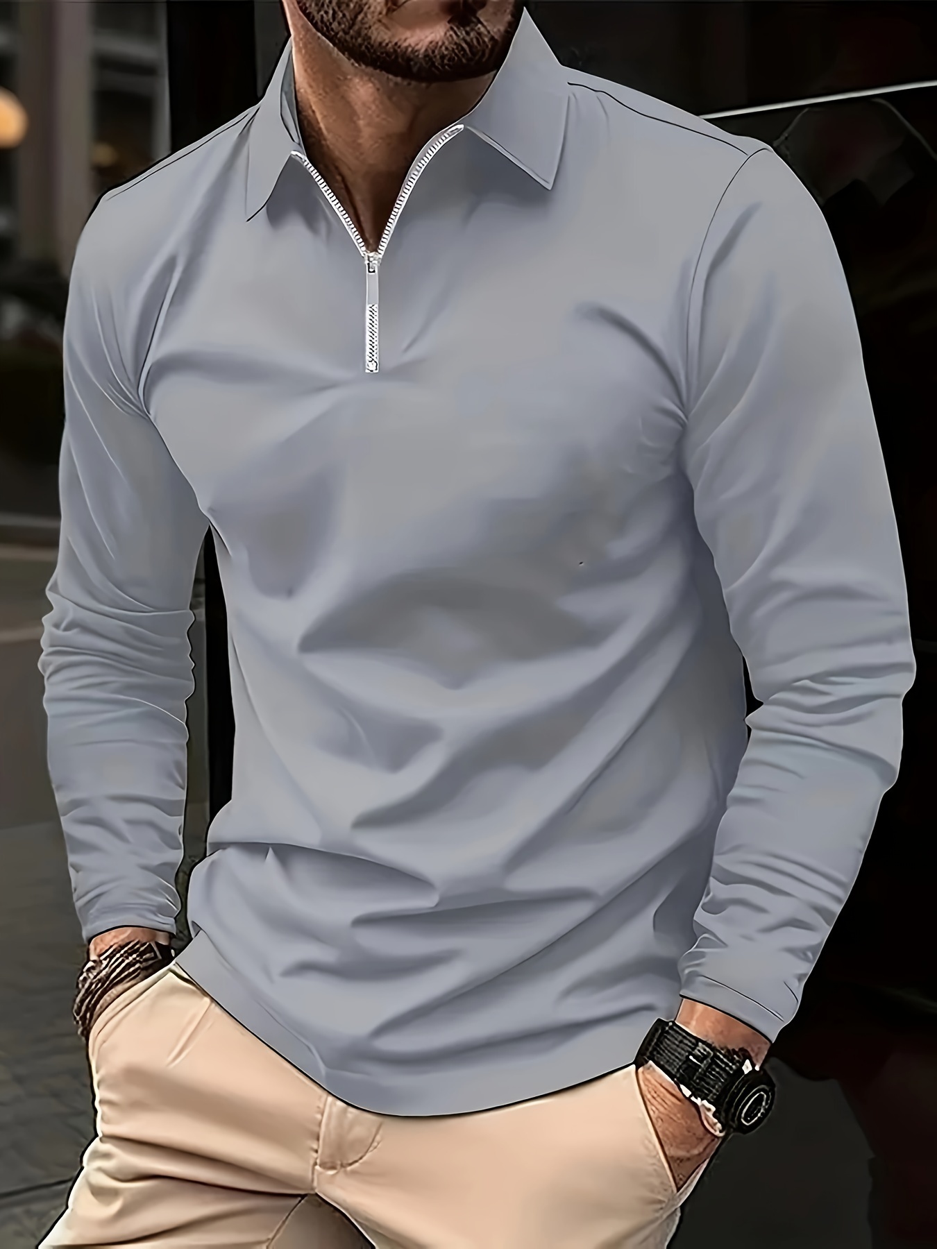 Solid Men's Basic Long Sleeve Zipper Shirt Spring Fall Golf - Temu